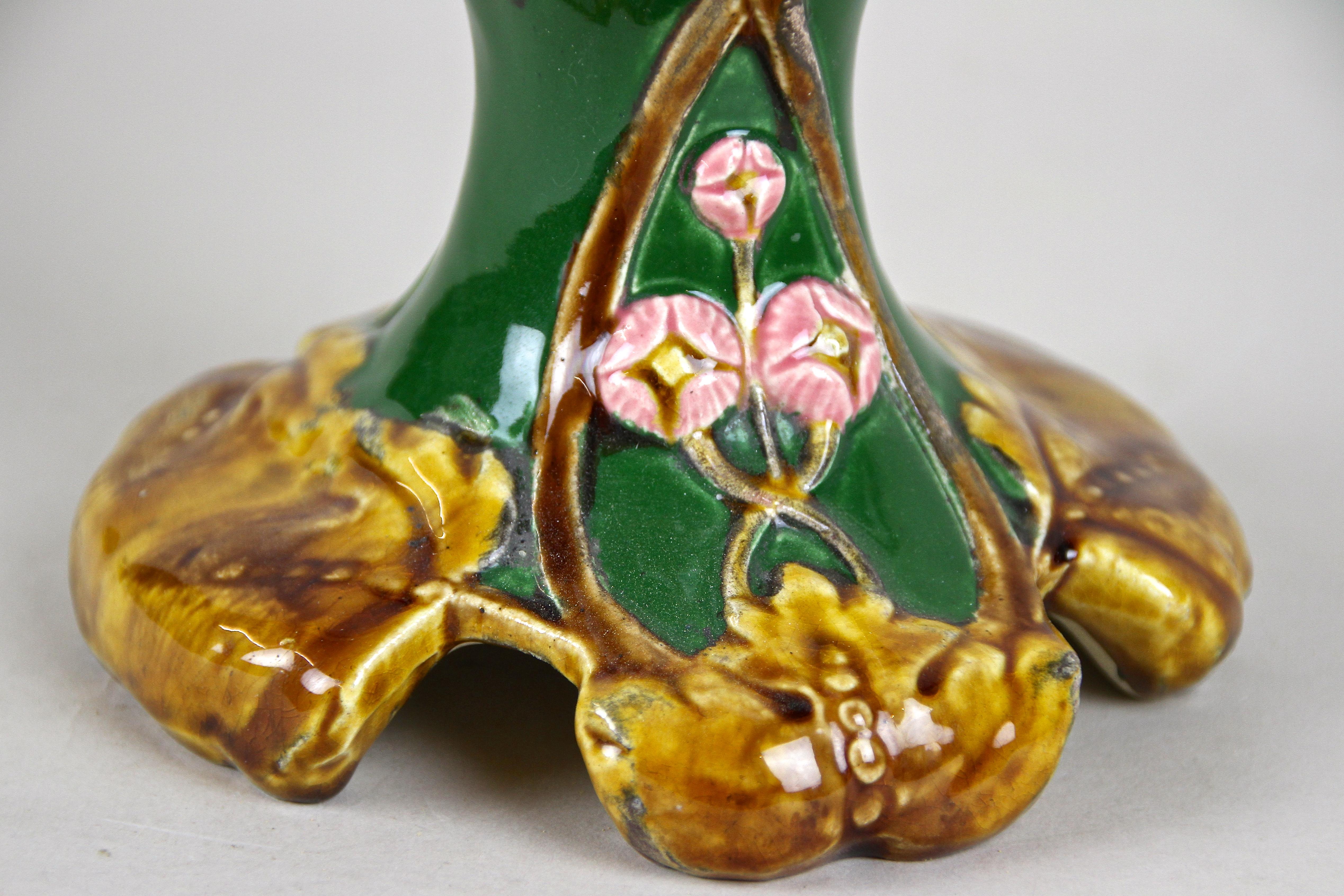 French Art Nouveau Majolica Vase Hand Painted, France, circa 1900