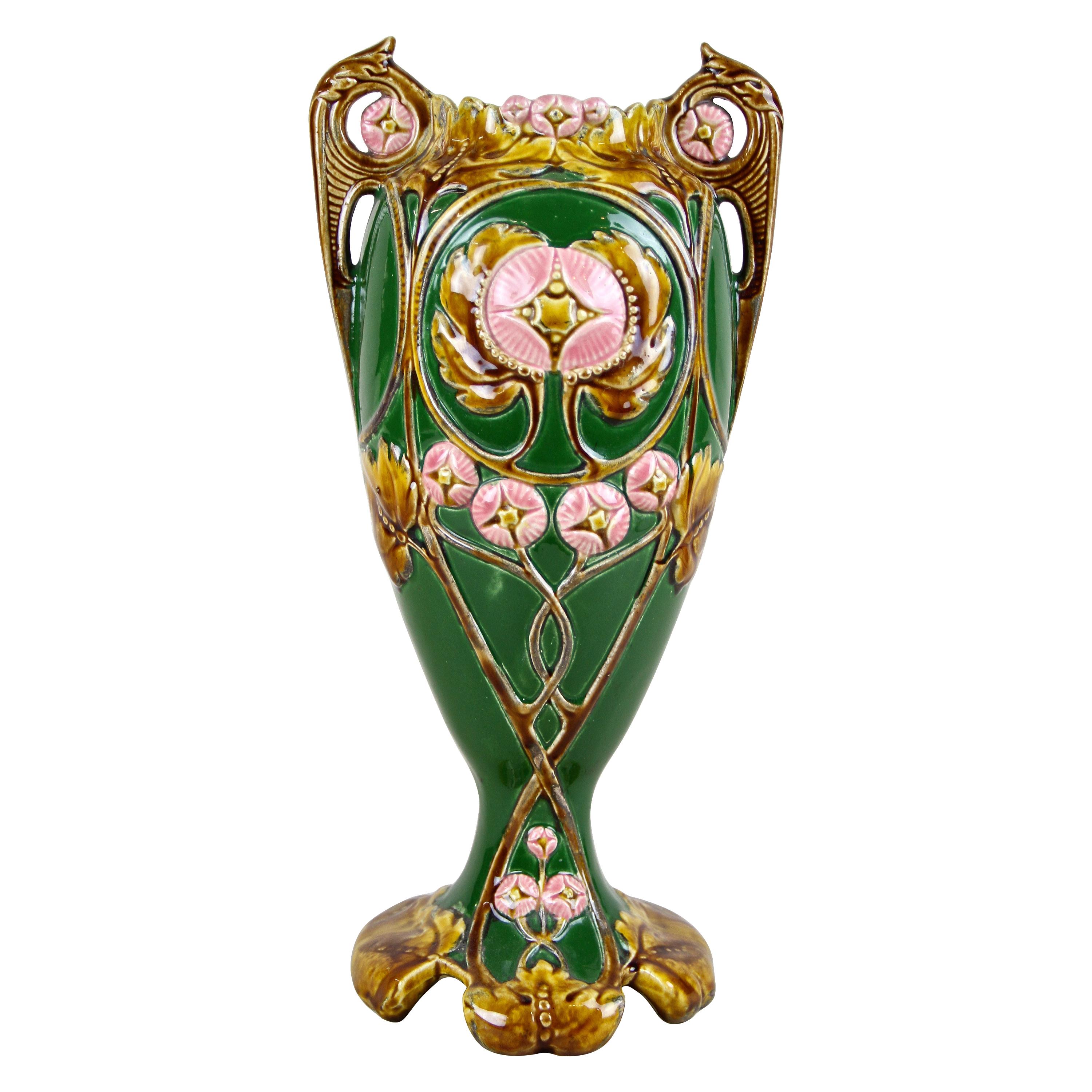 Art Nouveau Majolica Vase Hand Painted, France, circa 1900