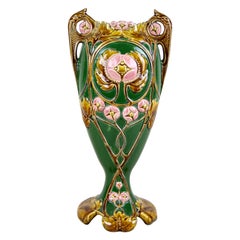 Antique Art Nouveau Majolica Vase Hand Painted, France, circa 1900