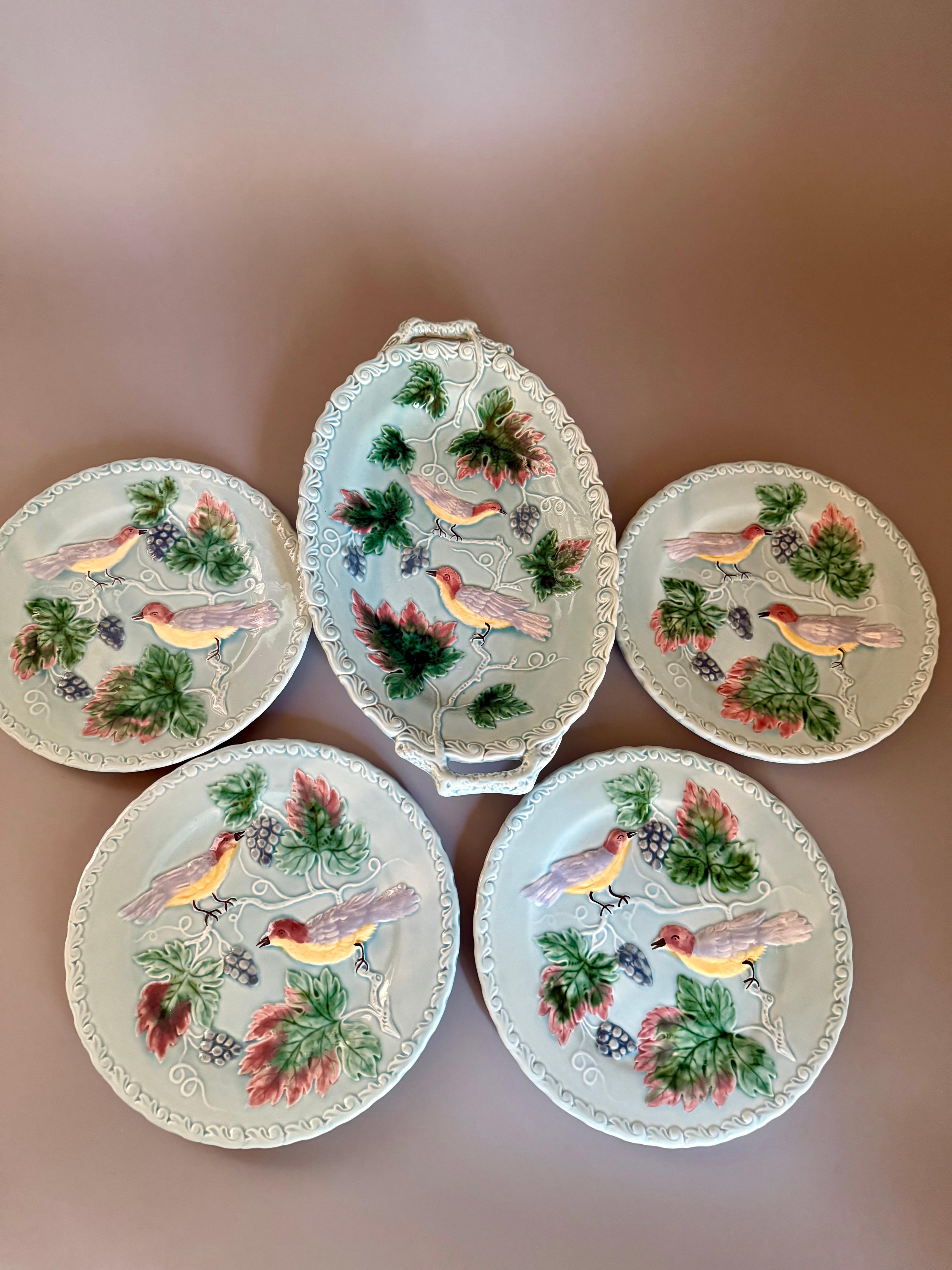 Ceramic Art Nouveau Majolika Birds Germany Set For Sale