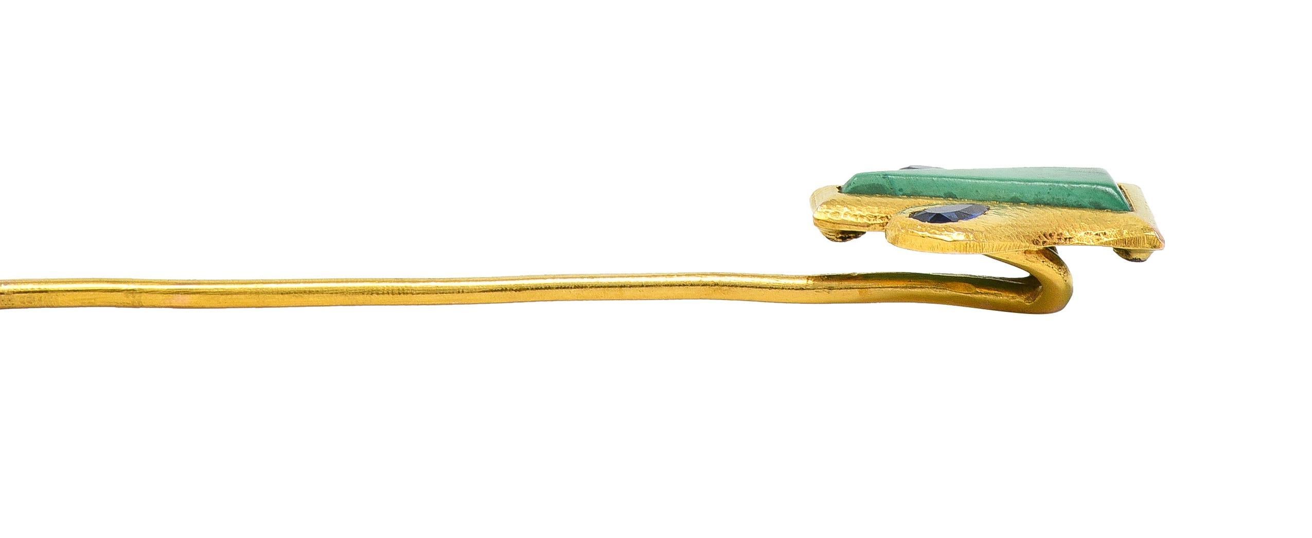 Art Nouveau Malachite Sapphire 14 Karat Yellow Gold Shield Antique Stickpin For Sale 2