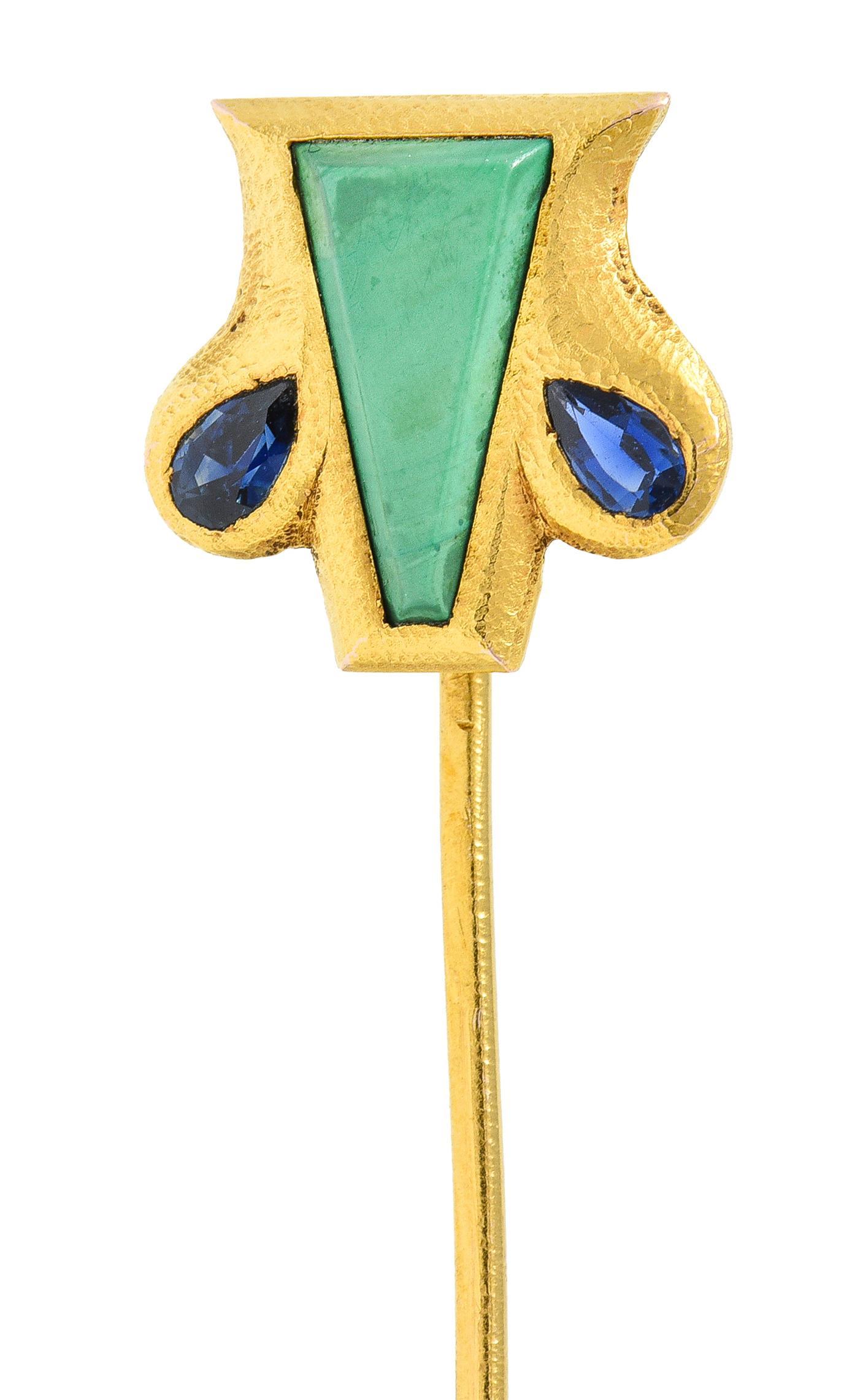 Art Nouveau Malachite Sapphire 14 Karat Yellow Gold Shield Antique Stickpin For Sale 3
