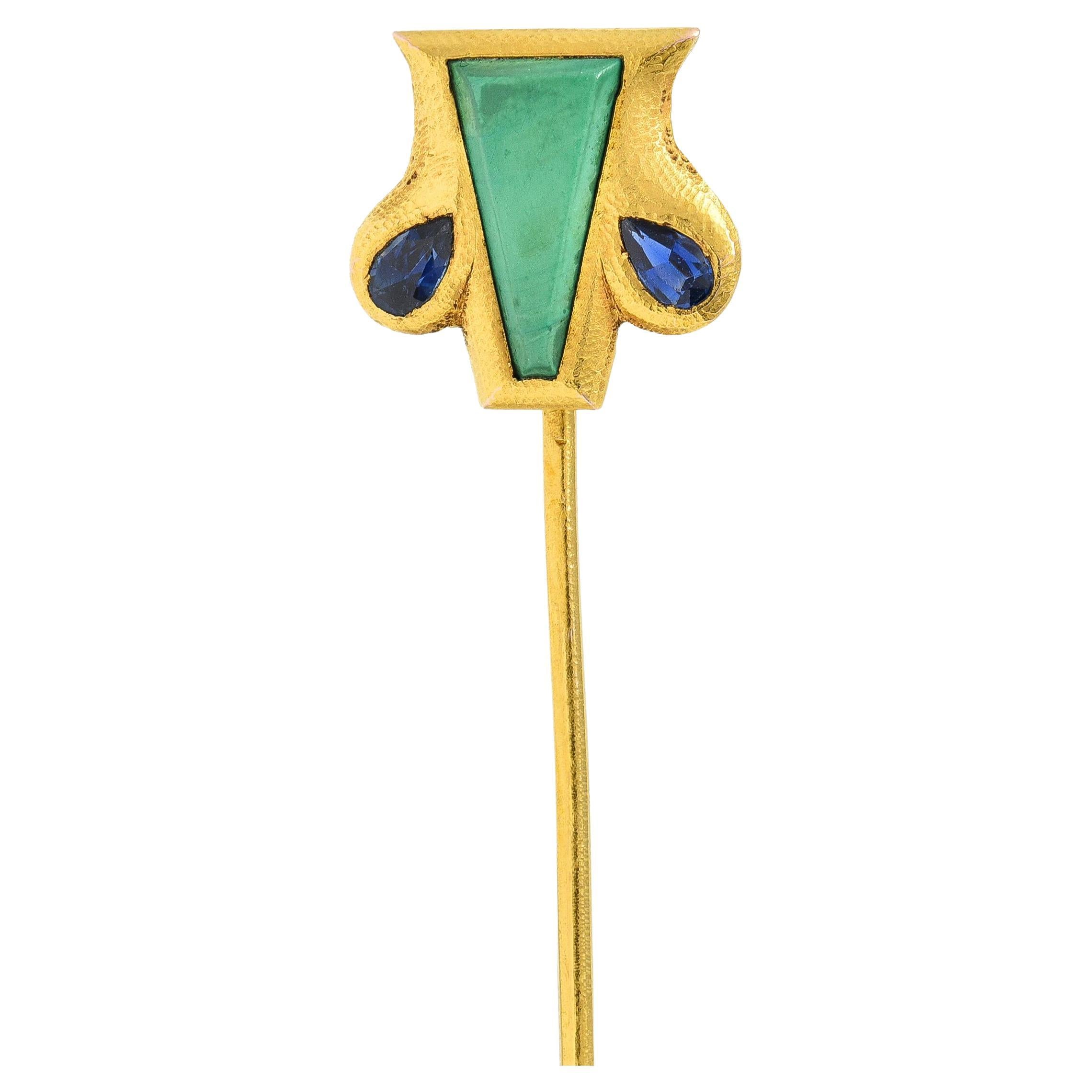 Art Nouveau Malachite Sapphire 14 Karat Yellow Gold Shield Antique Stickpin For Sale