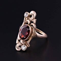 Art Nouveau Almandine Spessartine Garnet and Diamond Ring of 10k Gold