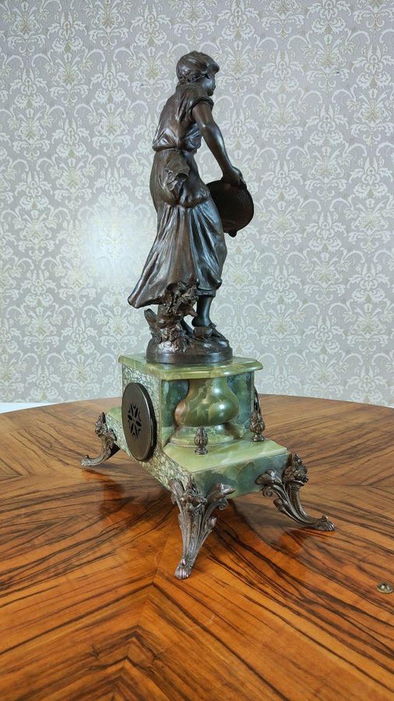 Art Nouveau Mantel Clock by Francois Moreau From 1900/1920

An Art Nouveau clock featuring a bronze figurine, signed by Francois Moreau. The bronze figurine depicts a young woman in a flowing dress, holding a basket. The clock body is made of onyx,