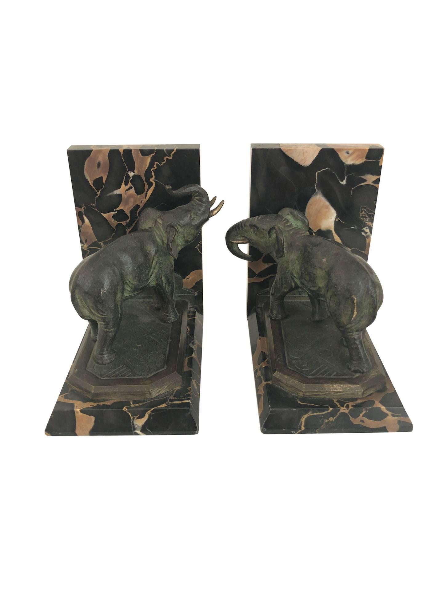 Jugendstil-Marmor-Buchstützen mit Bronze-Elefanten von MARIONNET, Frankreich, 1900er Jahre (Art nouveau)