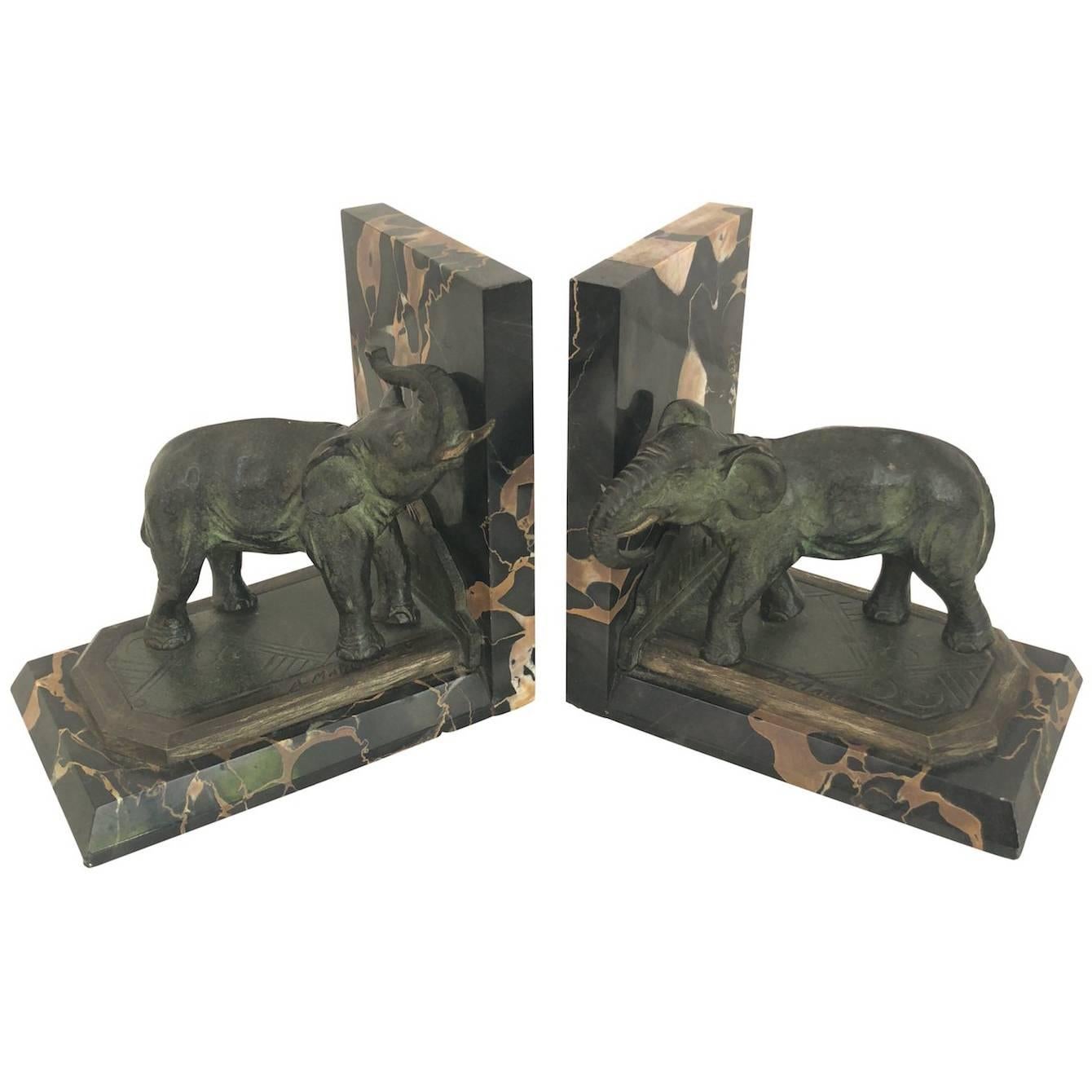 Art Nouveau Marble-Bookends with Bronze-Elephants by MARIONNET, France, 1900s