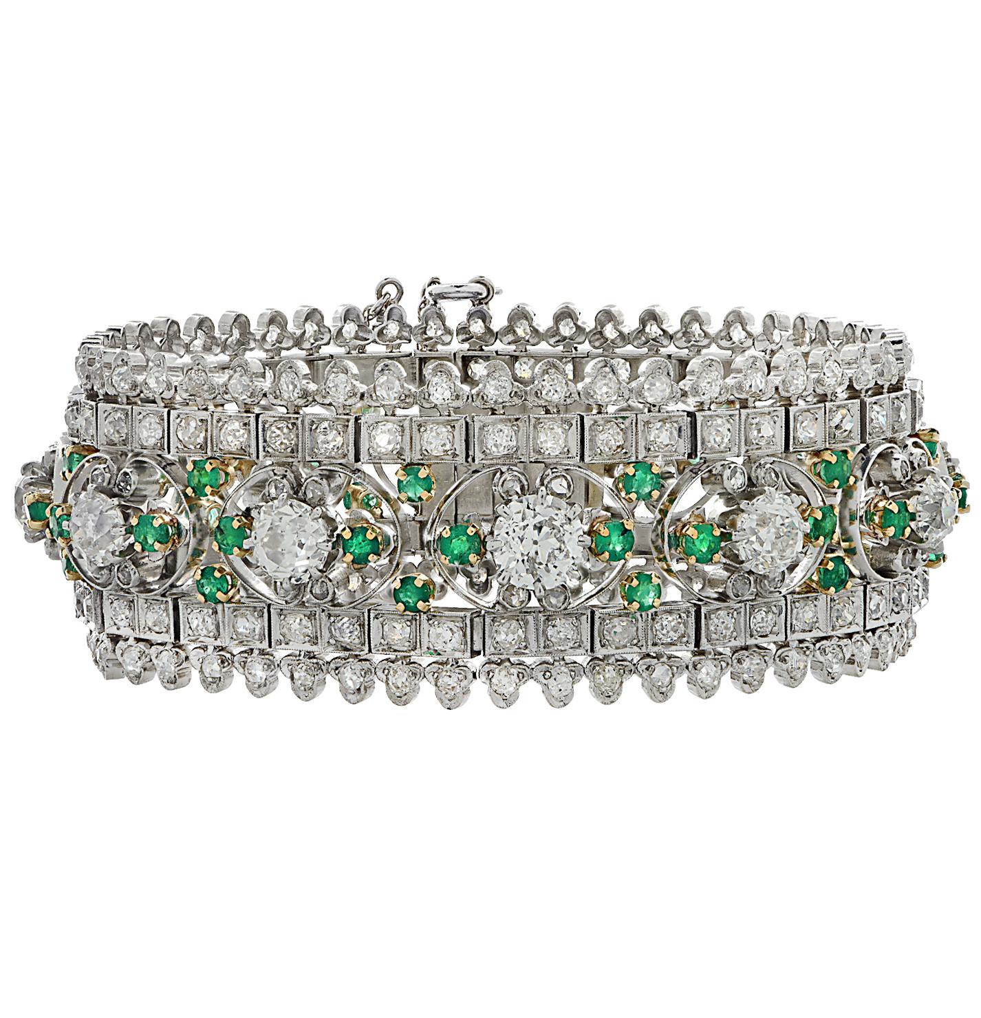 Edwardian Marcus & Co. Old Mine Cut Diamond and Emerald Bracelet In Good Condition In Miami, FL