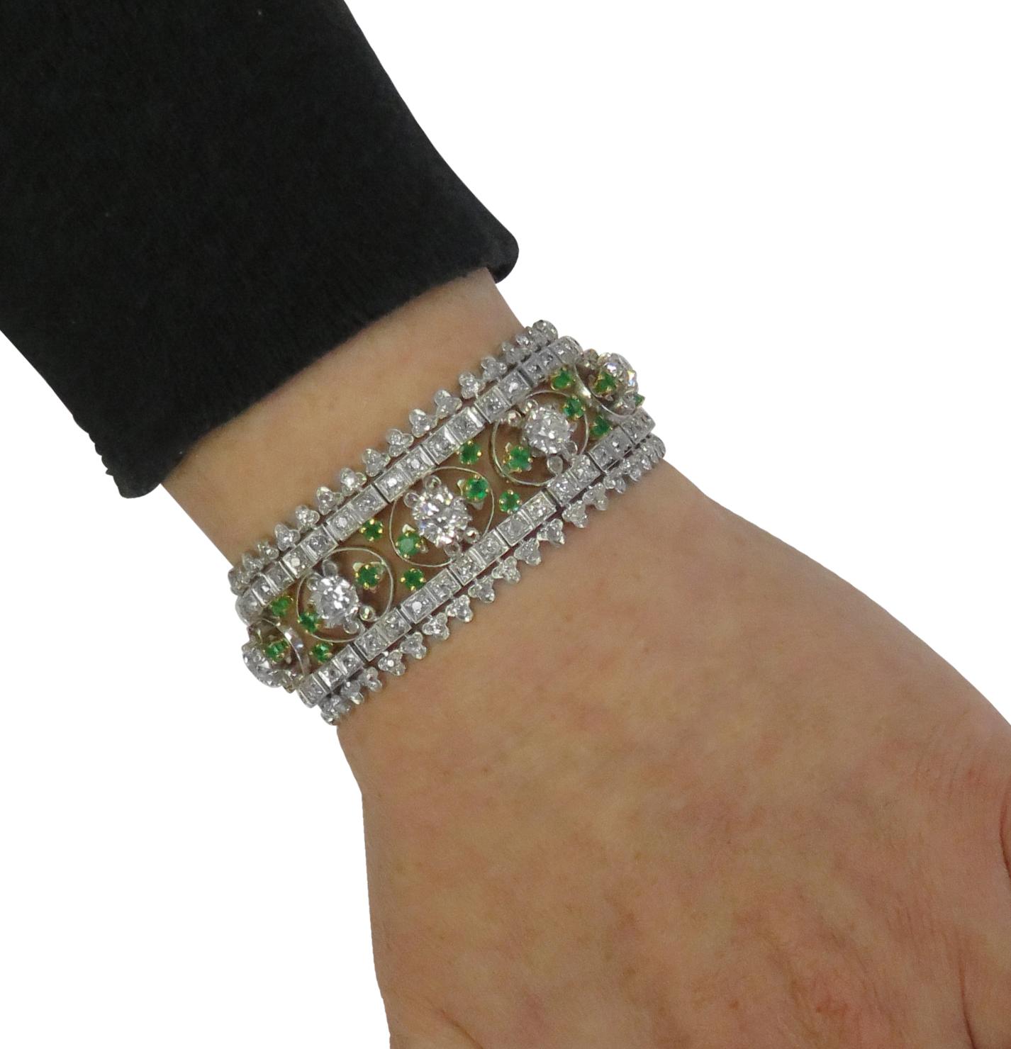 Women's Edwardian Marcus & Co. Old Mine Cut Diamond and Emerald Bracelet