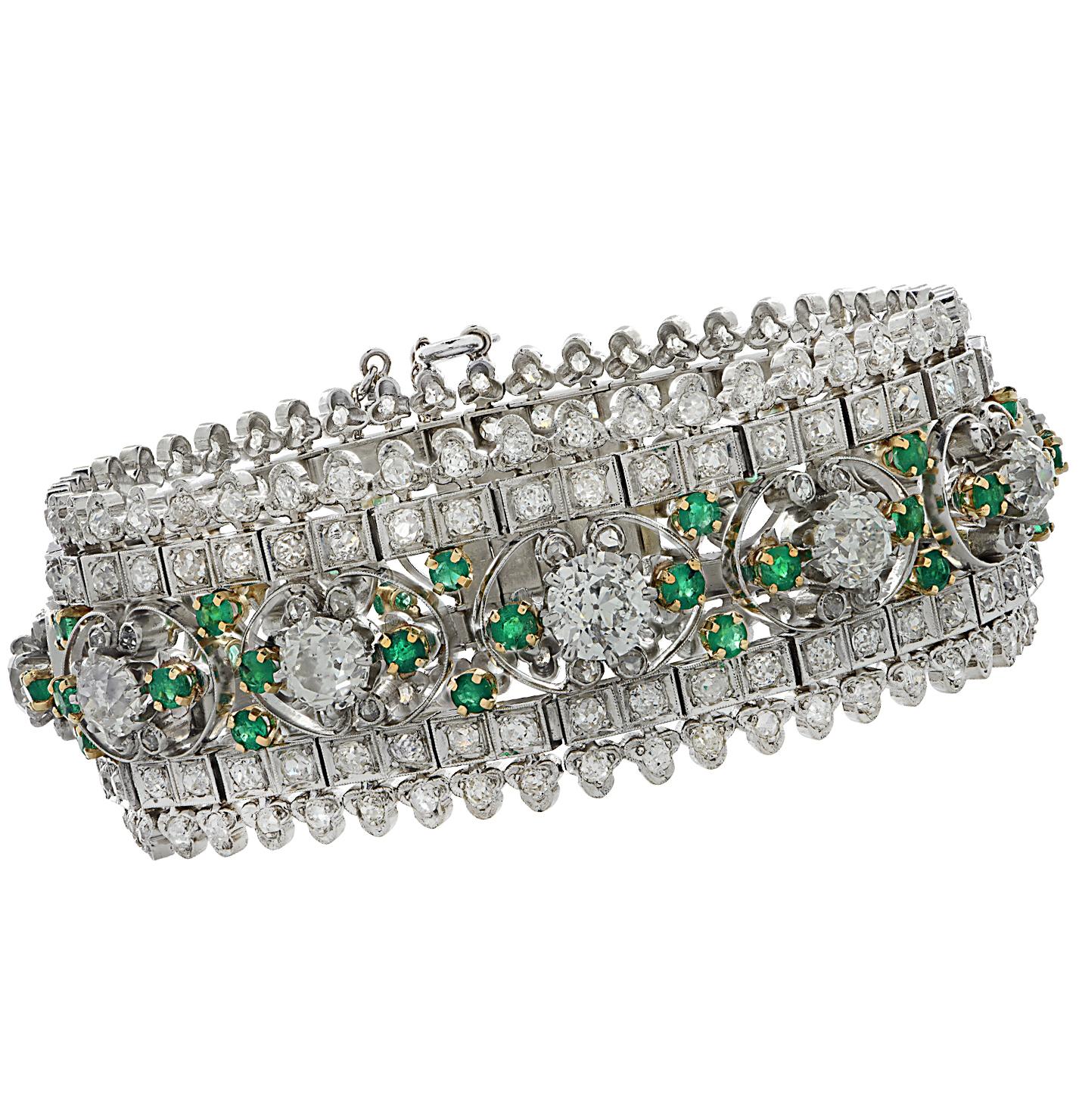 Edwardian Marcus & Co. Old Mine Cut Diamond and Emerald Bracelet 1