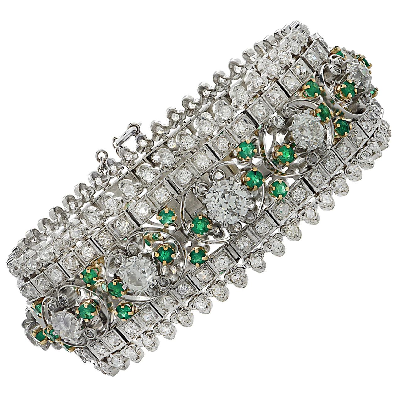 Edwardian Marcus & Co. Old Mine Cut Diamond and Emerald Bracelet