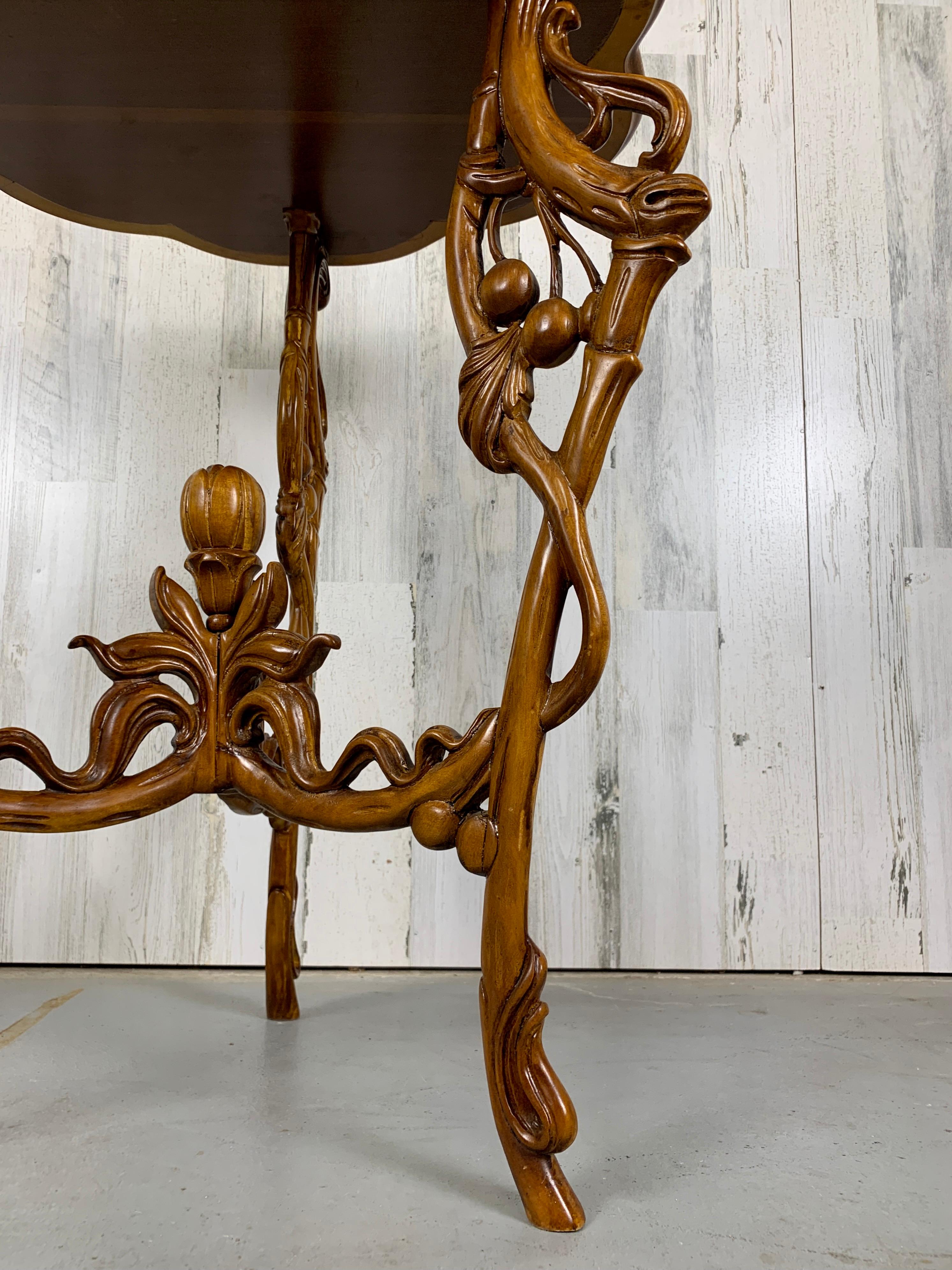 Hand-Carved Art Nouveau Marquetry Corner Table For Sale