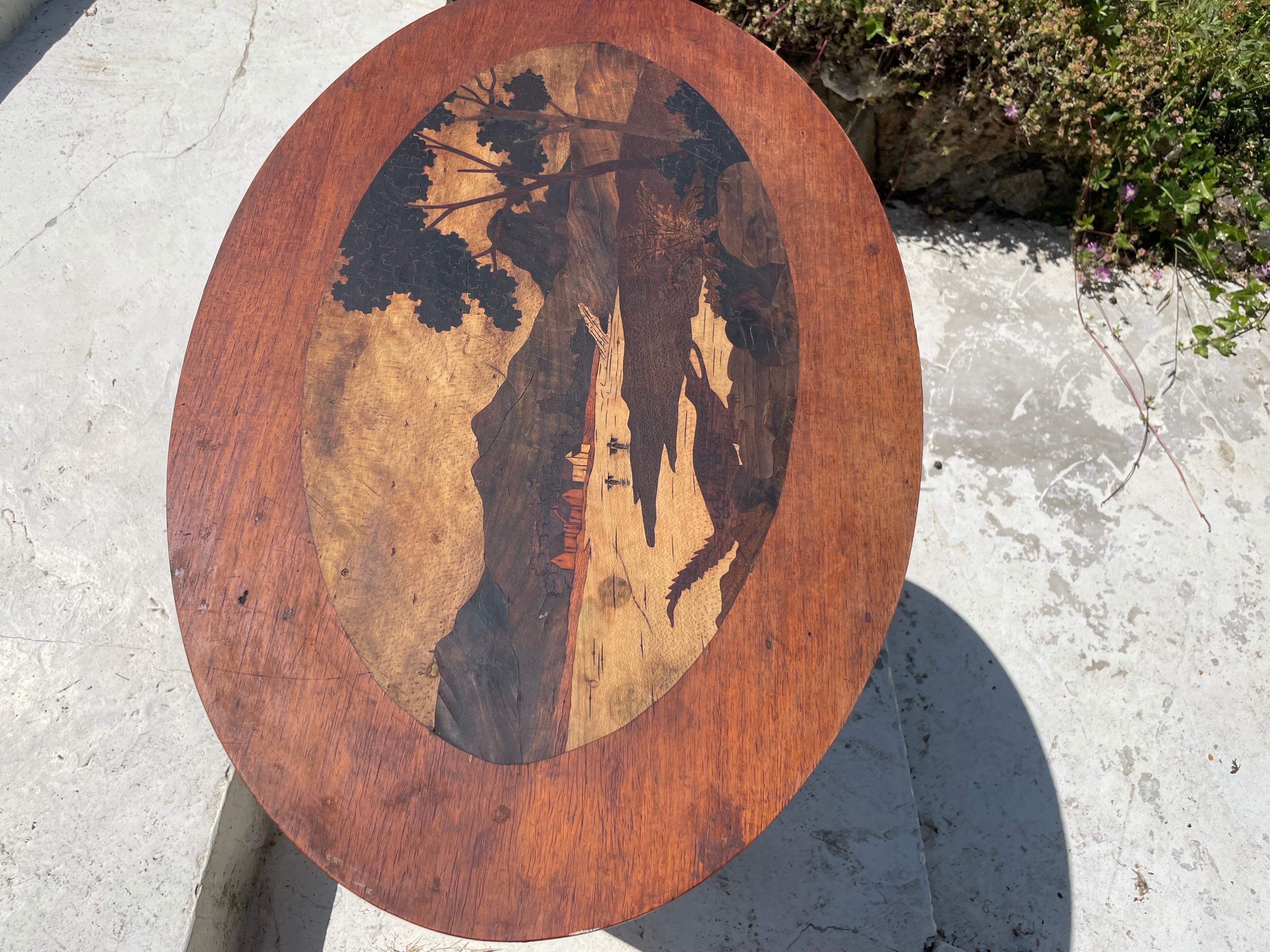 Art Nouveau Marquetry Table, Wood, Brown Color, France 1920 In Fair Condition In Auribeau sur Siagne, FR