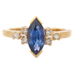 Art Nouveau Marquise Sapphire & Diamond Engagement Ring in 18K Yellow Gold