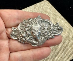 Art Nouveau Masked Woman Maiden Goddess Flower Brooch Pin Silver Belle Epoque
