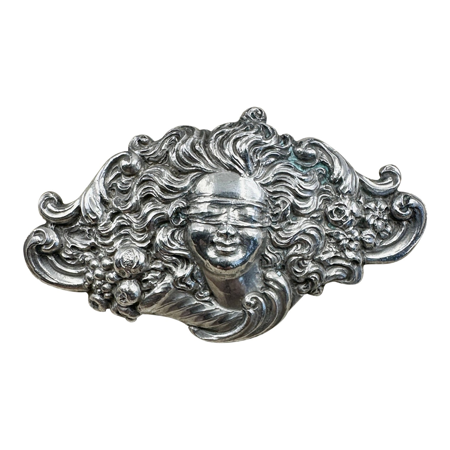 Spilla in stile Art Nouveau Donna Mascherata Fanciulla Dea Fiore Argento Belle Epoque