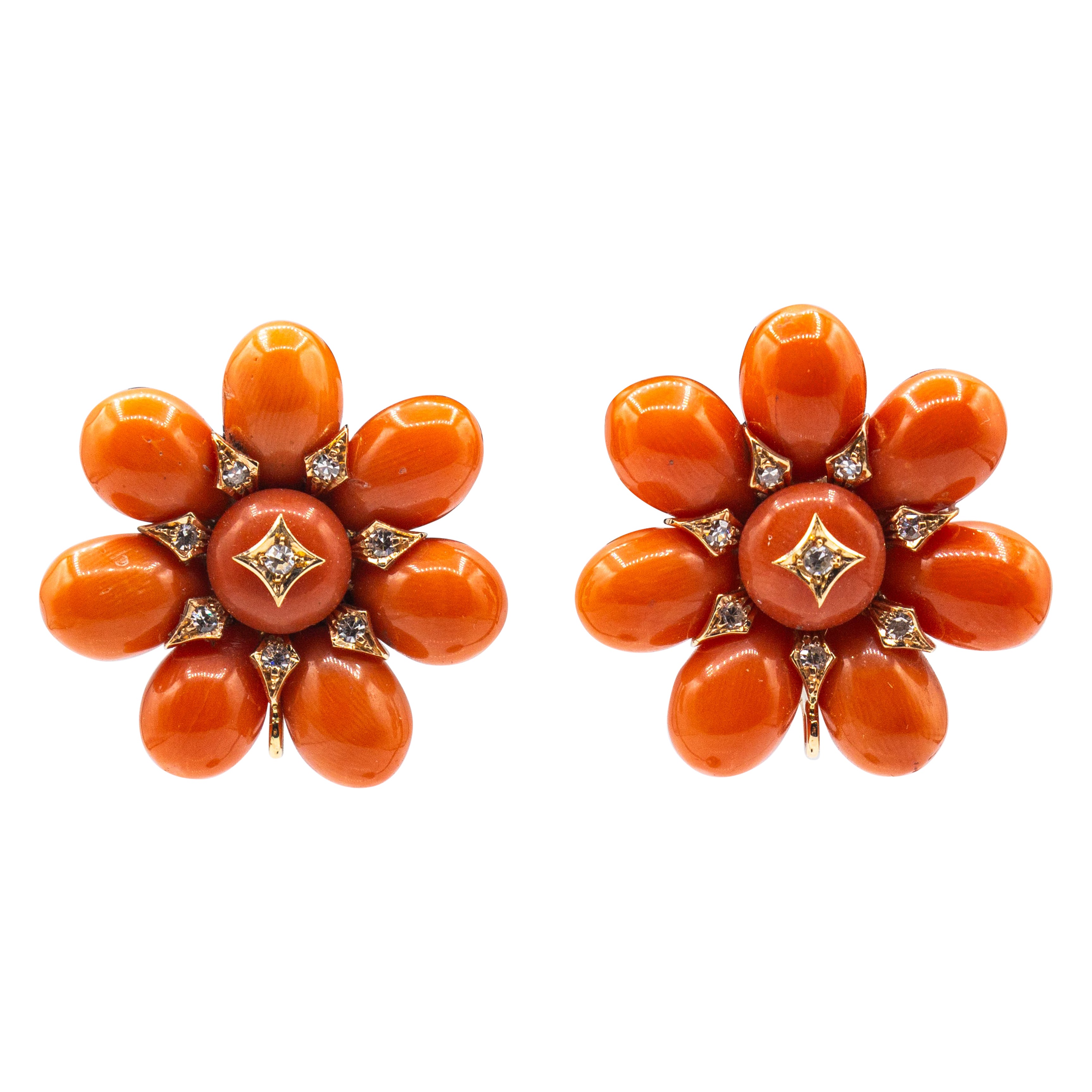 Art Nouveau Mediterranean Peach Coral White Diamond Yellow Gold Dangle Earrings For Sale