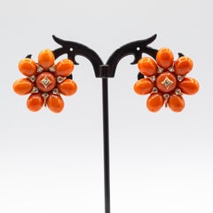 Art Nouveau Mediterranean Peach Coral White Diamond Yellow Gold Dangle Earrings