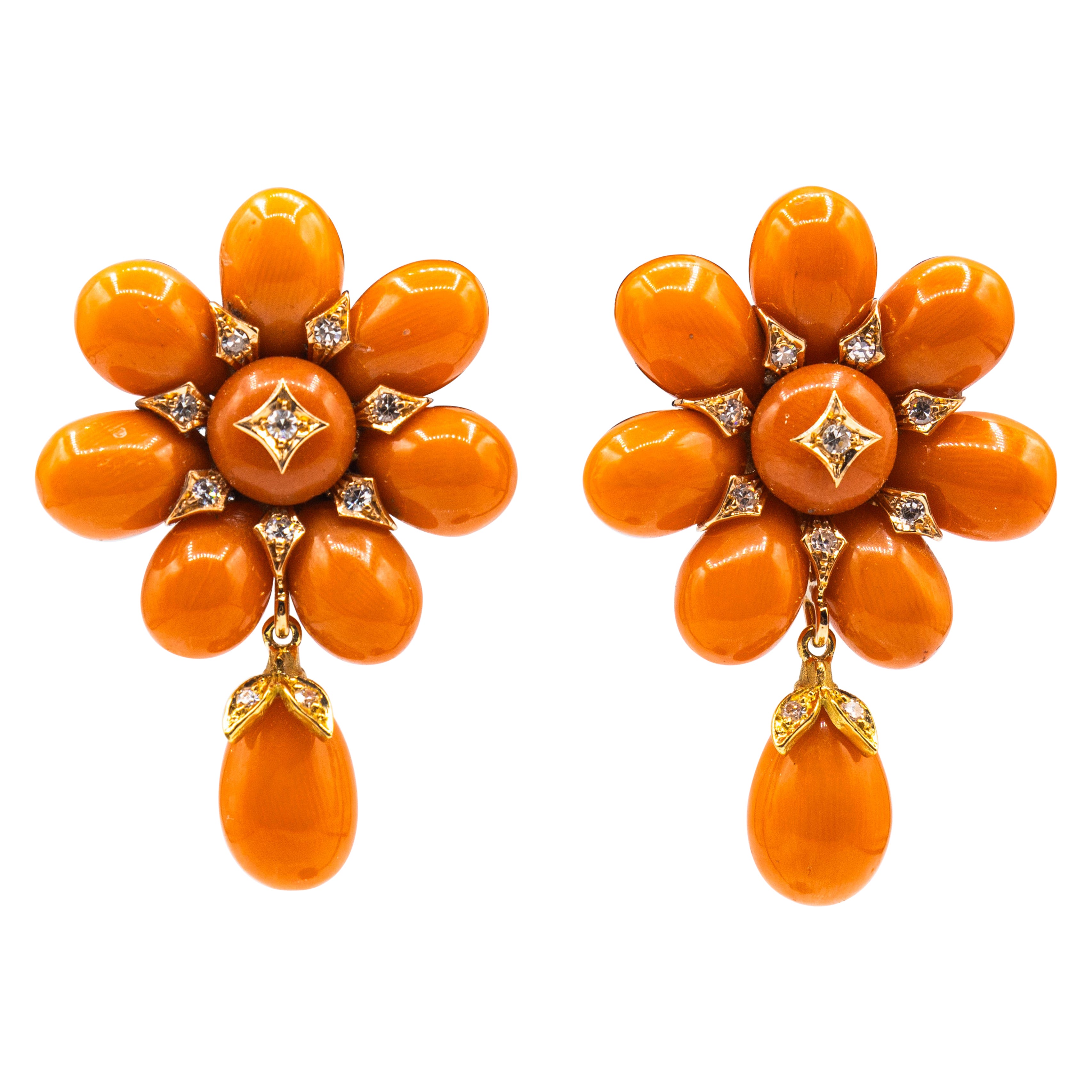 Art Nouveau Mediterranean Peach Coral White Diamond Yellow Gold Drop Earrings