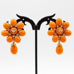 Art Nouveau Mediterranean Peach Coral White Diamond Yellow Gold Drop Earrings