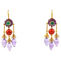 Art Nouveau Mediterranean Red Coral Amethyst Emerald Yellow Gold Stud Earrings