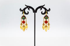 Art Nouveau Mediterranean Red Coral Citrine Garnet Emerald Yellow Gold Earrings