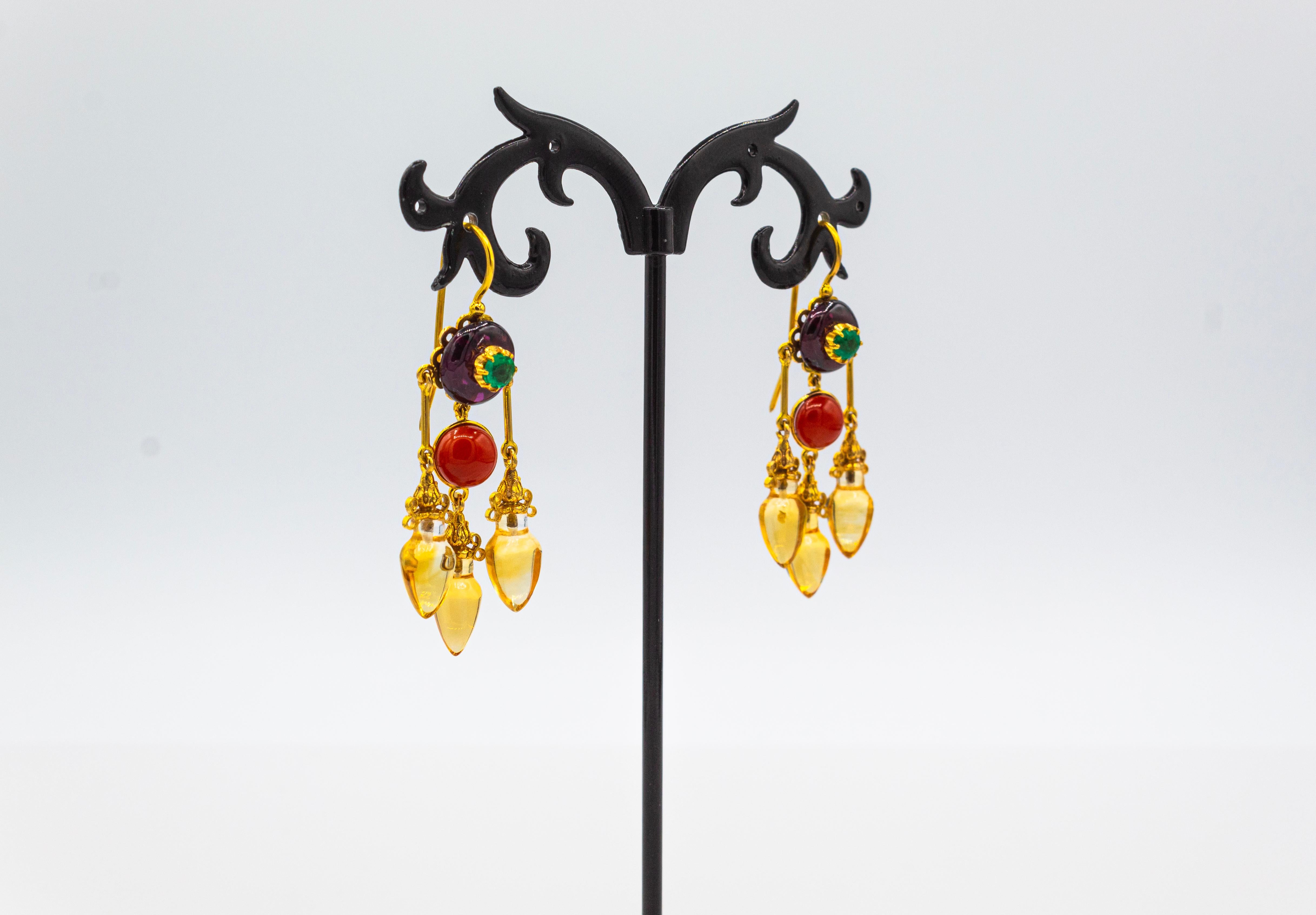 Pendientes Art Nouveau Mediterráneo Coral Rojo Citrino Granate Esmeralda Oro Amarillo Corte brillante en venta