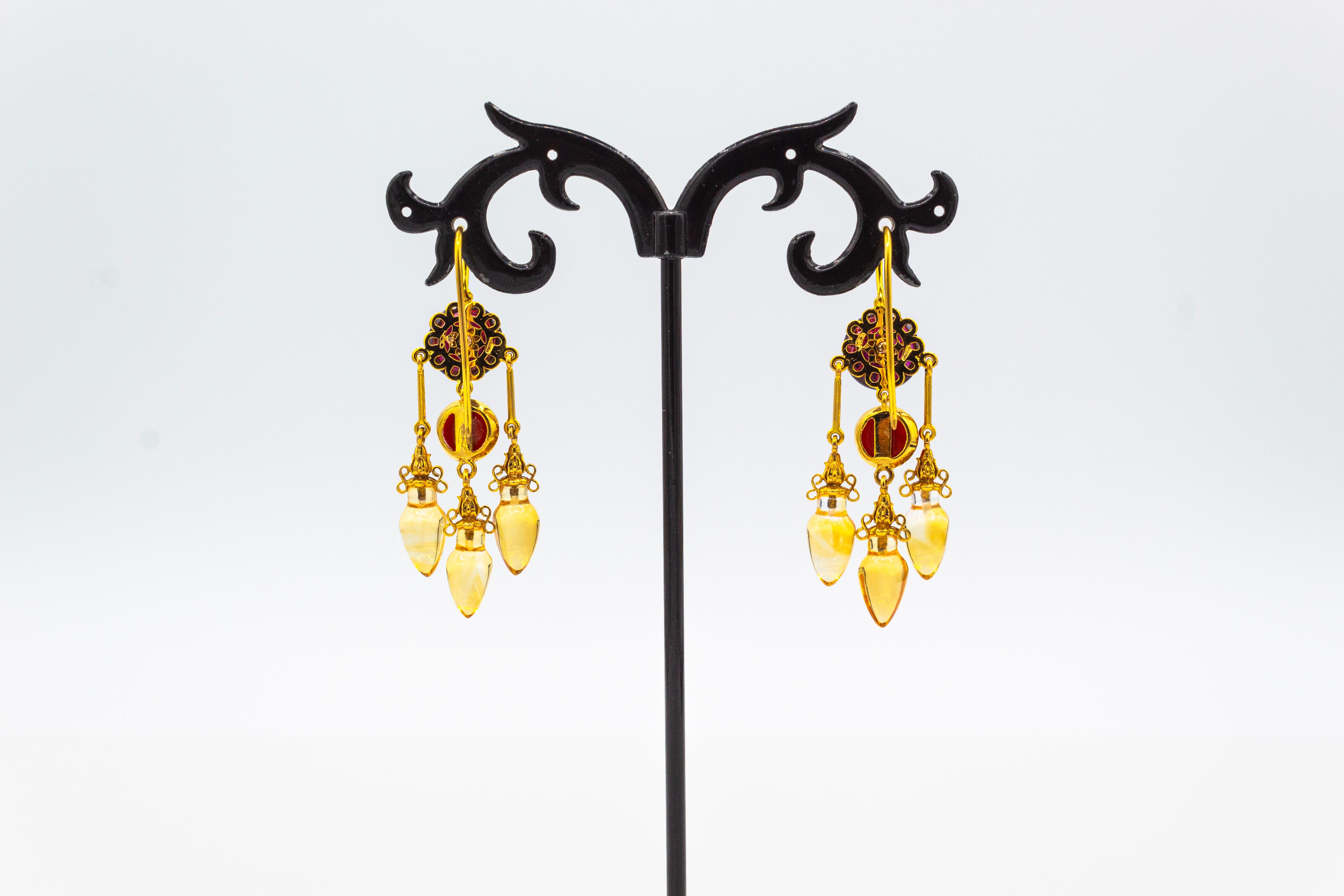 Pendientes Art Nouveau Mediterráneo Coral Rojo Citrino Granate Esmeralda Oro Amarillo en Nuevo estado para la venta en Naples, IT