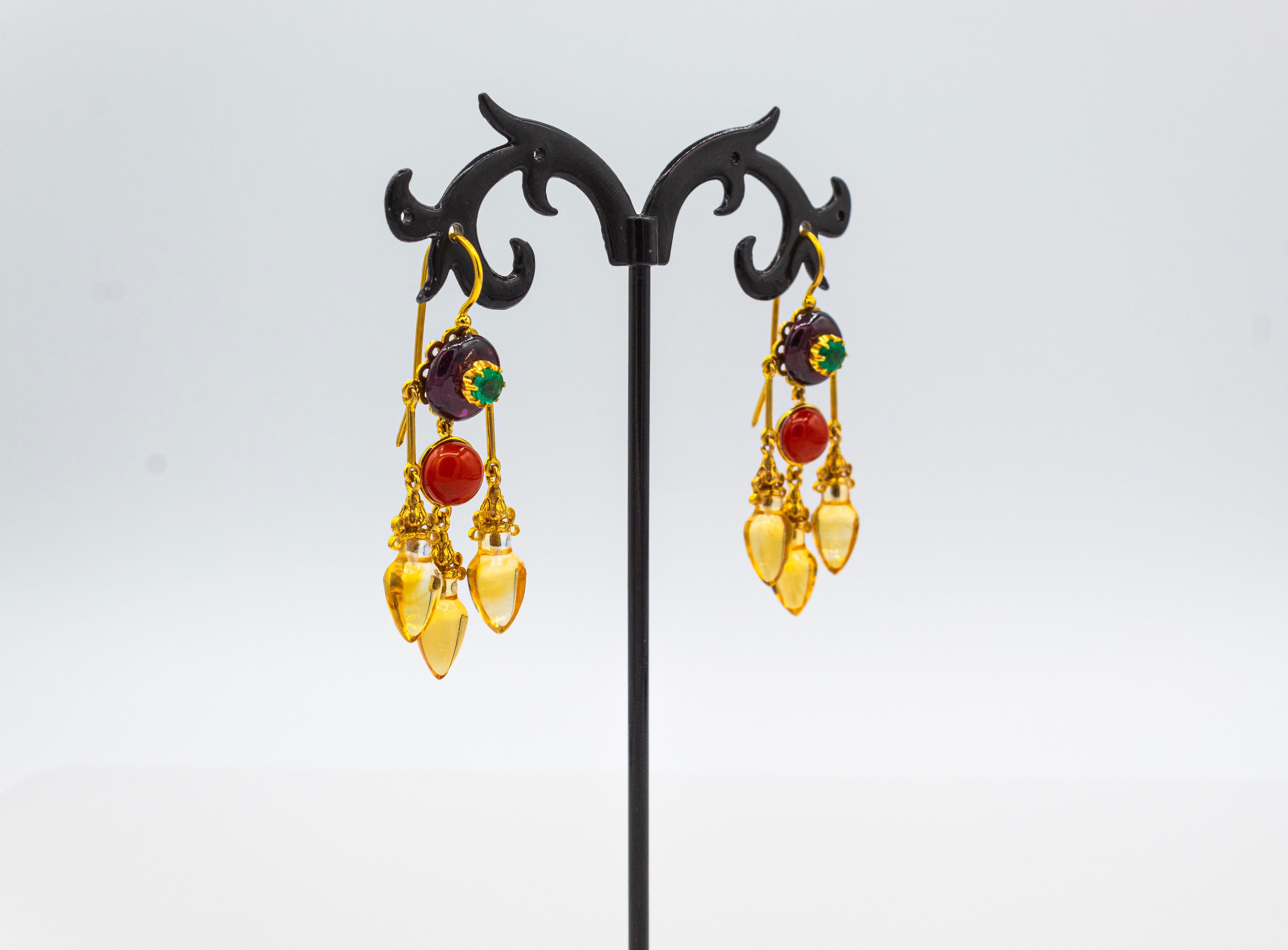 Femenino o masculino Pendientes Art Nouveau Mediterráneo Coral Rojo Citrino Granate Esmeralda Oro Amarillo en venta