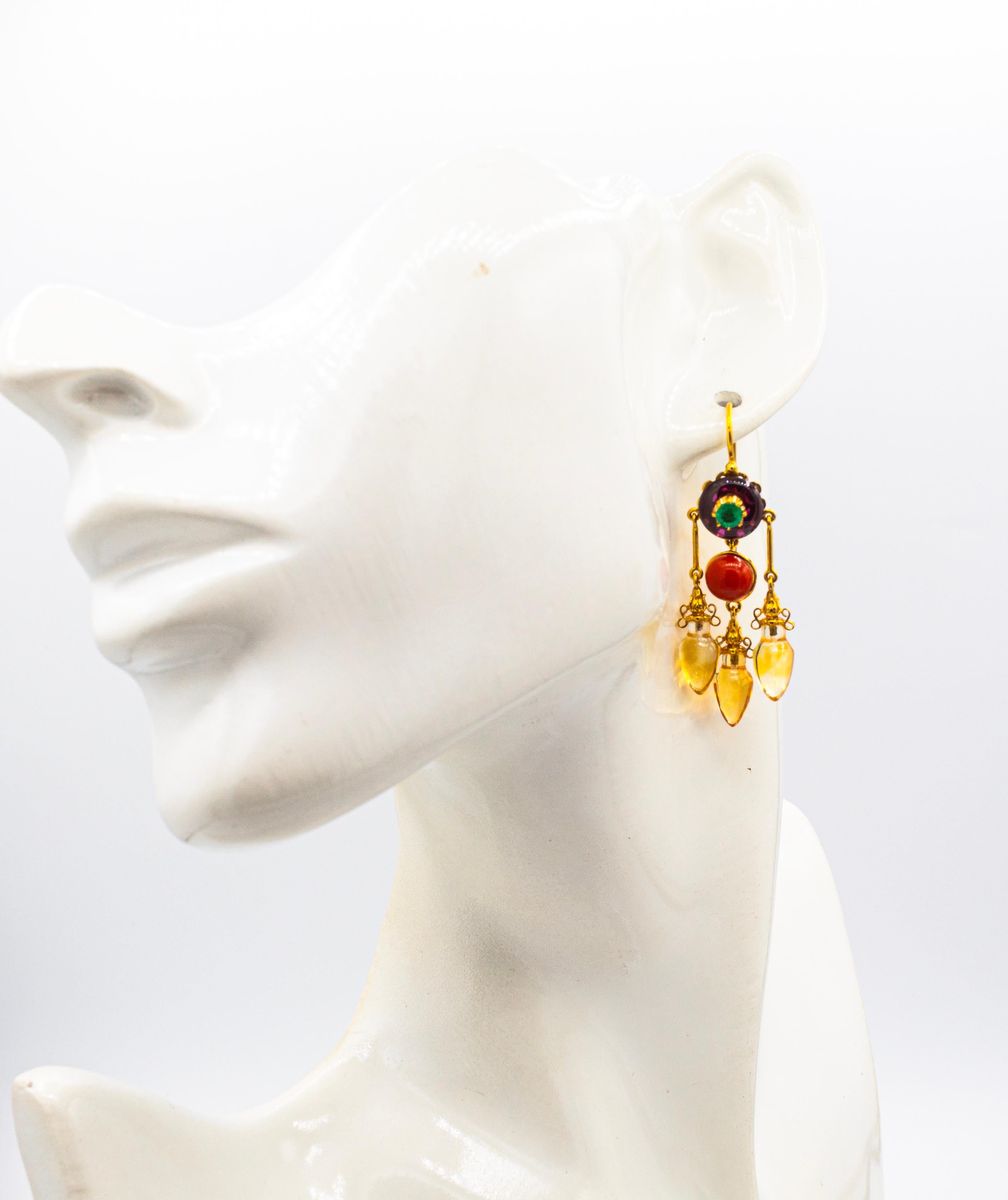 Pendientes Art Nouveau Mediterráneo Coral Rojo Citrino Granate Esmeralda Oro Amarillo en venta 1
