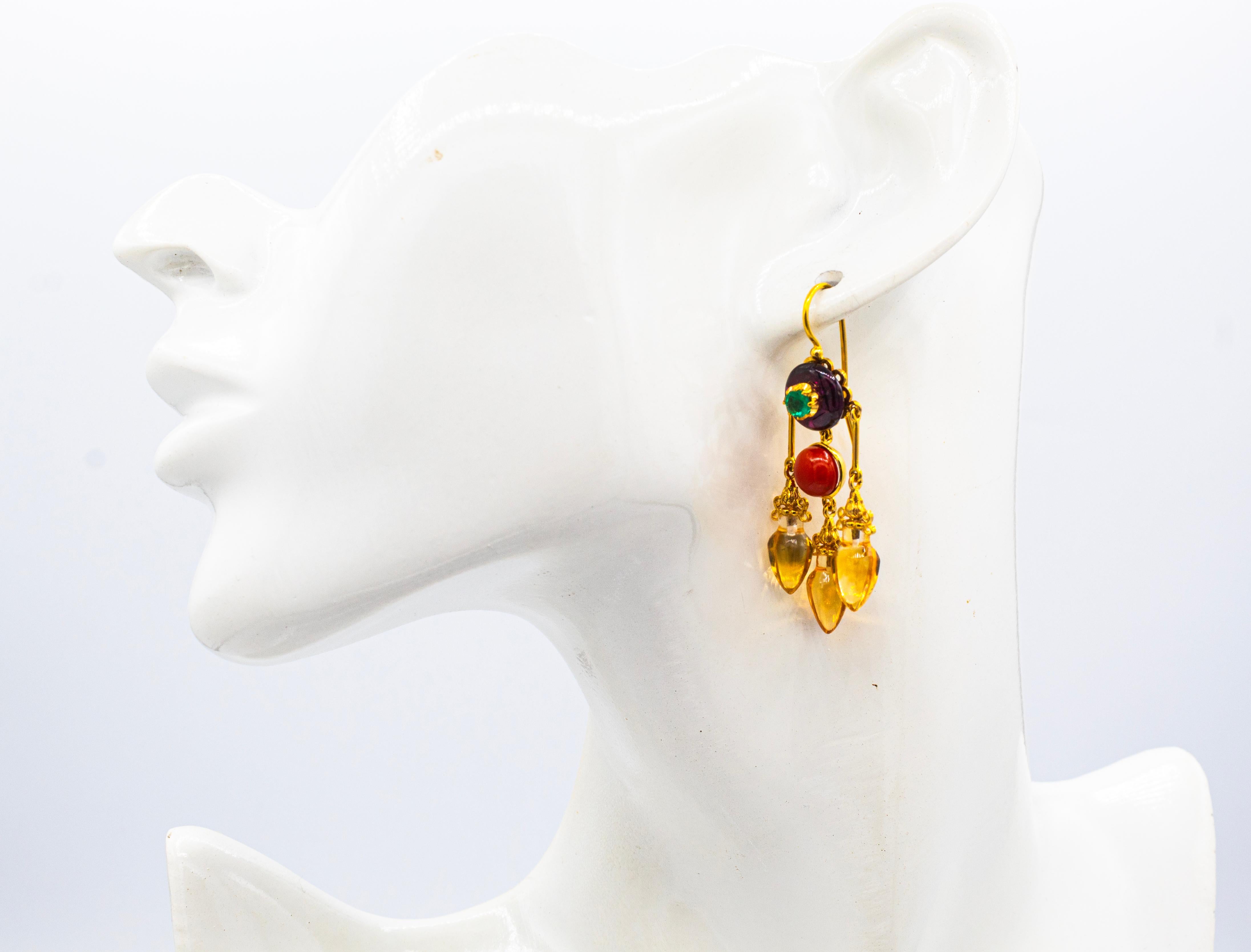 Pendientes Art Nouveau Mediterráneo Coral Rojo Citrino Granate Esmeralda Oro Amarillo en venta 2
