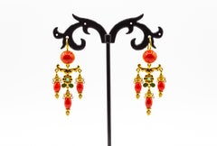 Art Nouveau Mediterranean Red Coral Emerald Enamel Yellow Gold Stud Earrings