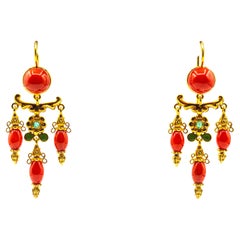 Art Nouveau Mediterranean Red Coral Emerald Enamel Yellow Gold Stud Earrings
