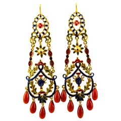 Art Nouveau Style Mediterranean Red Coral Enamel Yellow Gold Stud Drop Earrings