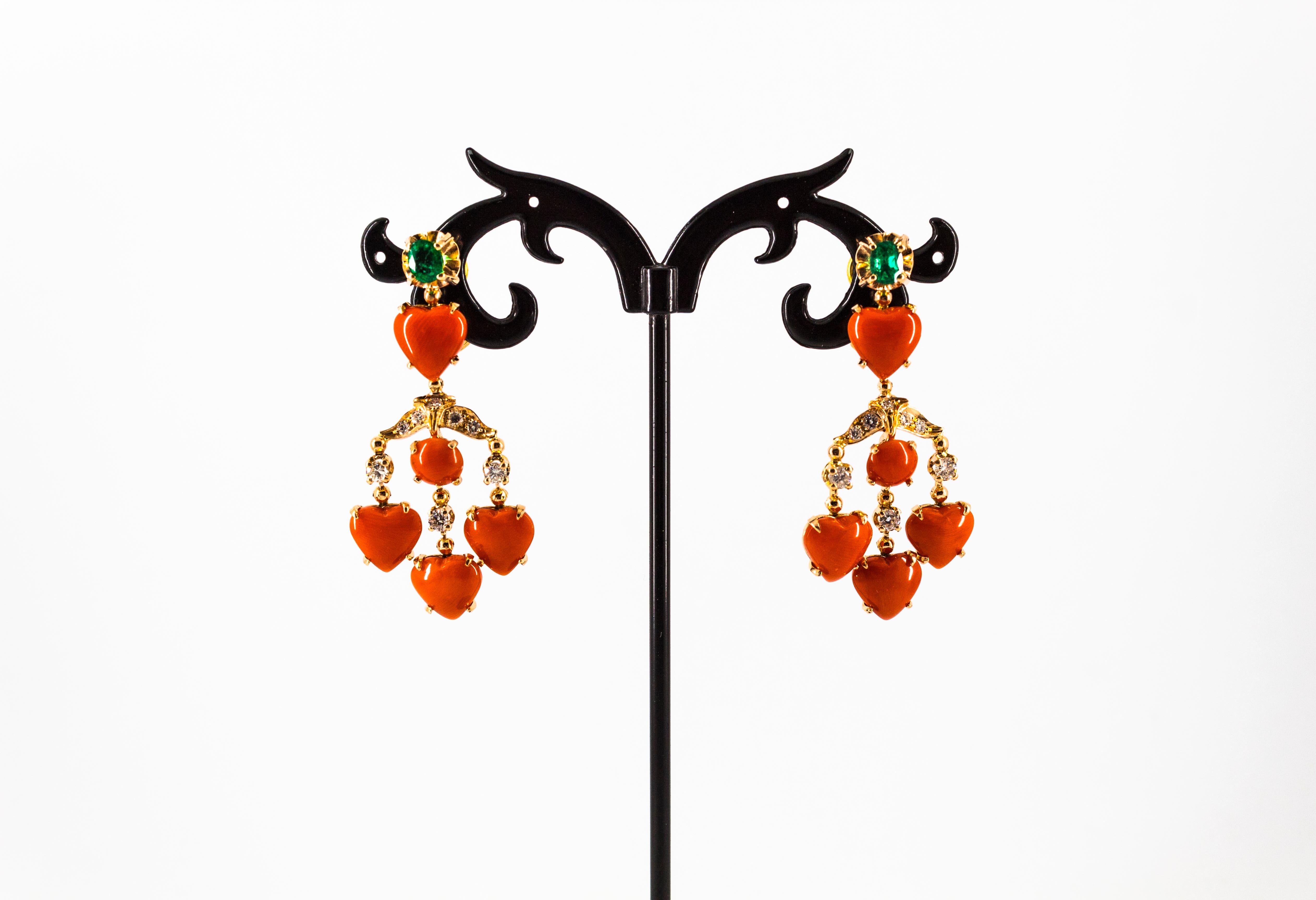 Art Nouveau Mediterranean Red Coral White Diamond Emerald Yellow Gold Earrings For Sale 1