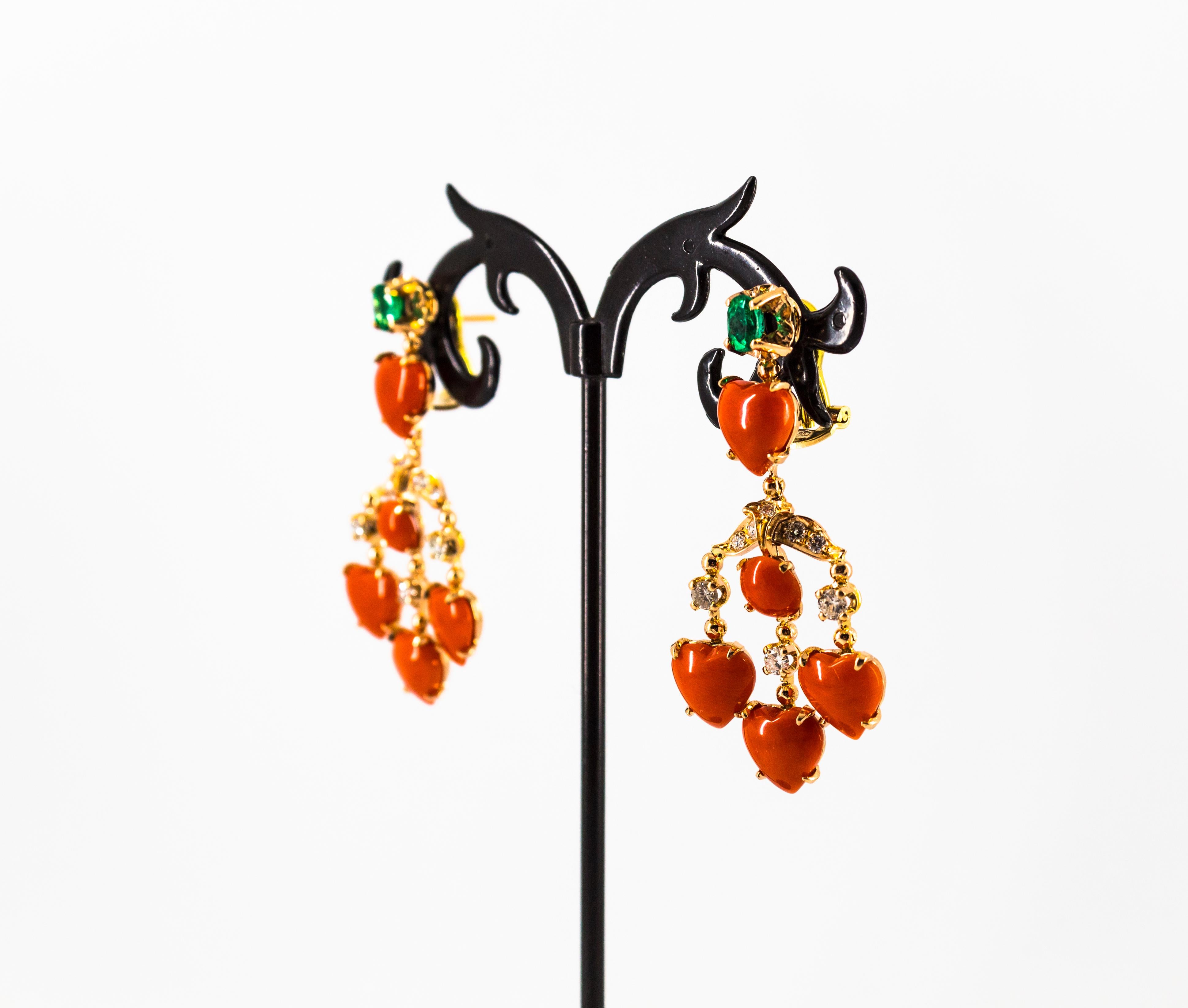 Art Nouveau Mediterranean Red Coral White Diamond Emerald Yellow Gold Earrings For Sale 2