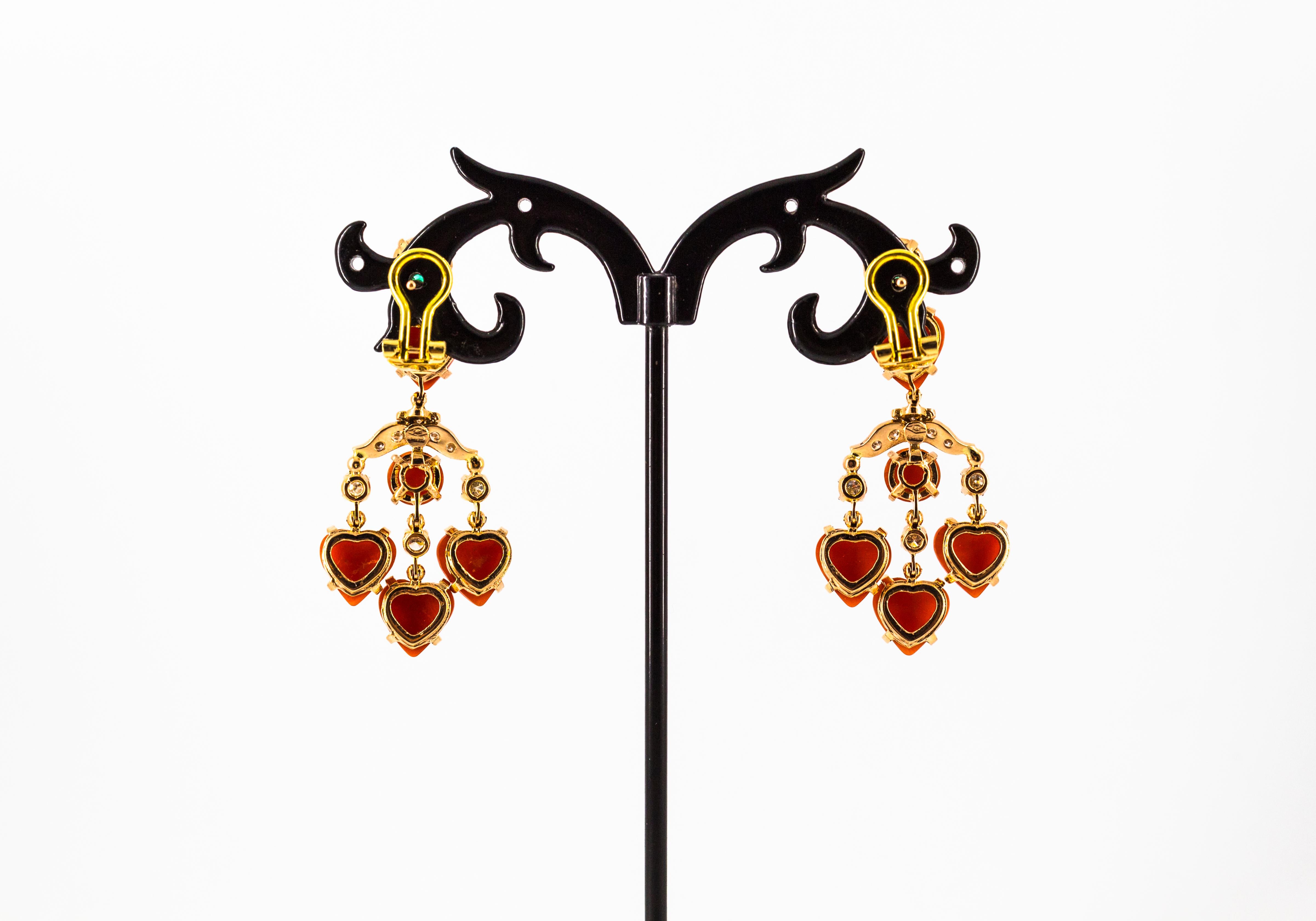 Art Nouveau Mediterranean Red Coral White Diamond Emerald Yellow Gold Earrings For Sale 3