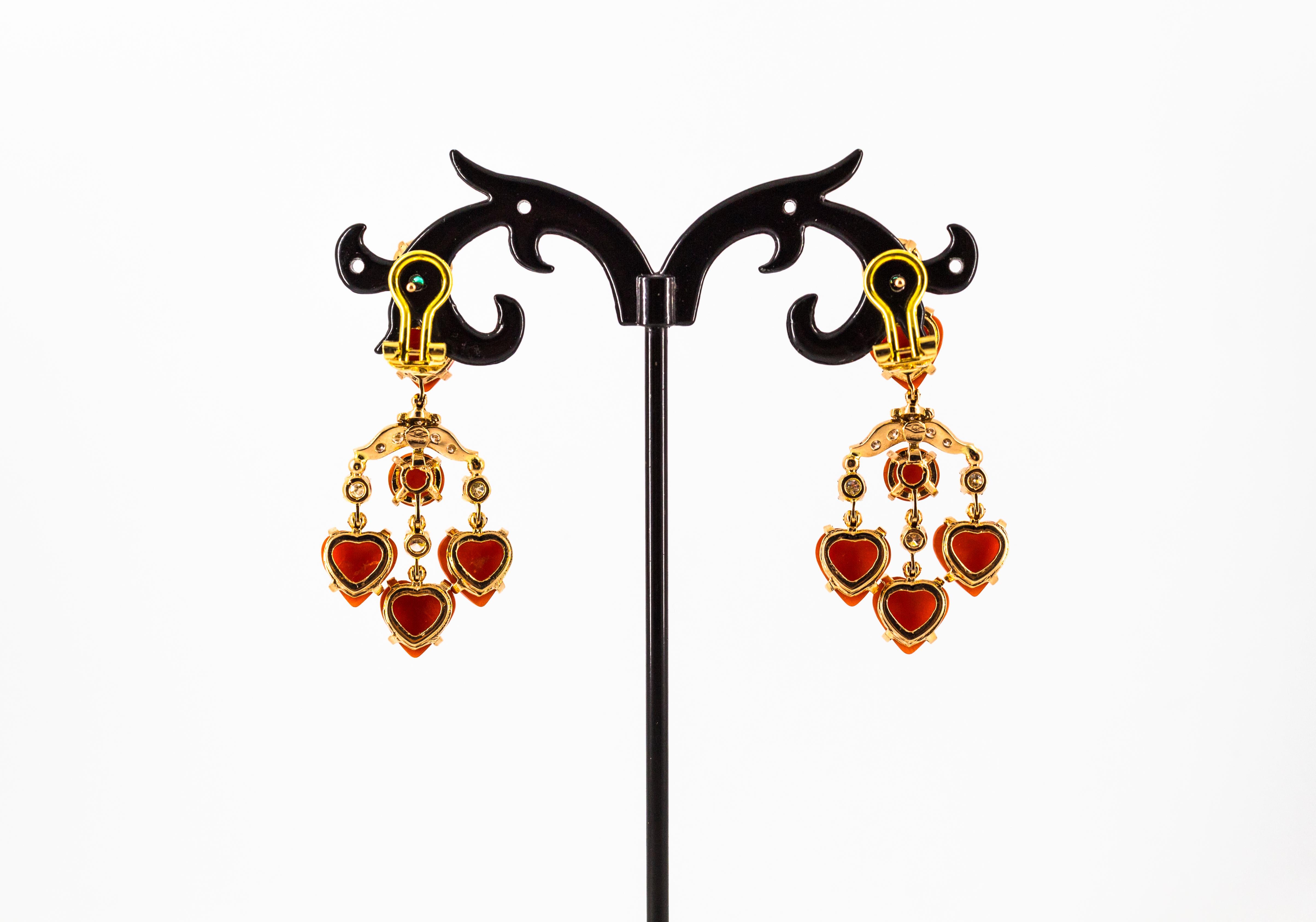 Art Nouveau Mediterranean Red Coral White Diamond Emerald Yellow Gold Earrings For Sale 4