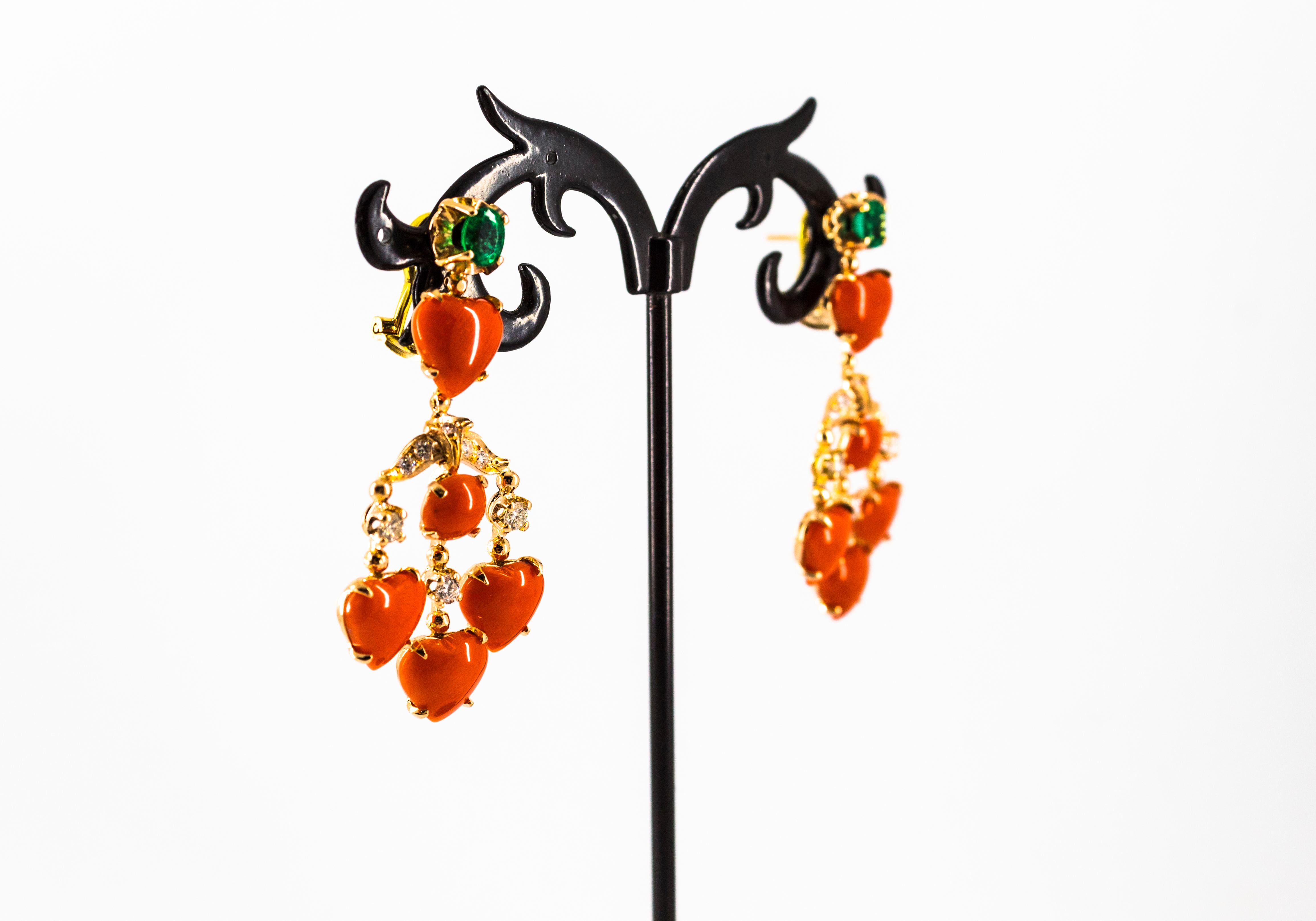 Art Nouveau Mediterranean Red Coral White Diamond Emerald Yellow Gold Earrings For Sale 5