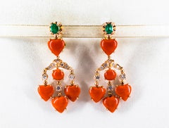 Art Nouveau Mediterranean Red Coral White Diamond Emerald Yellow Gold Earrings
