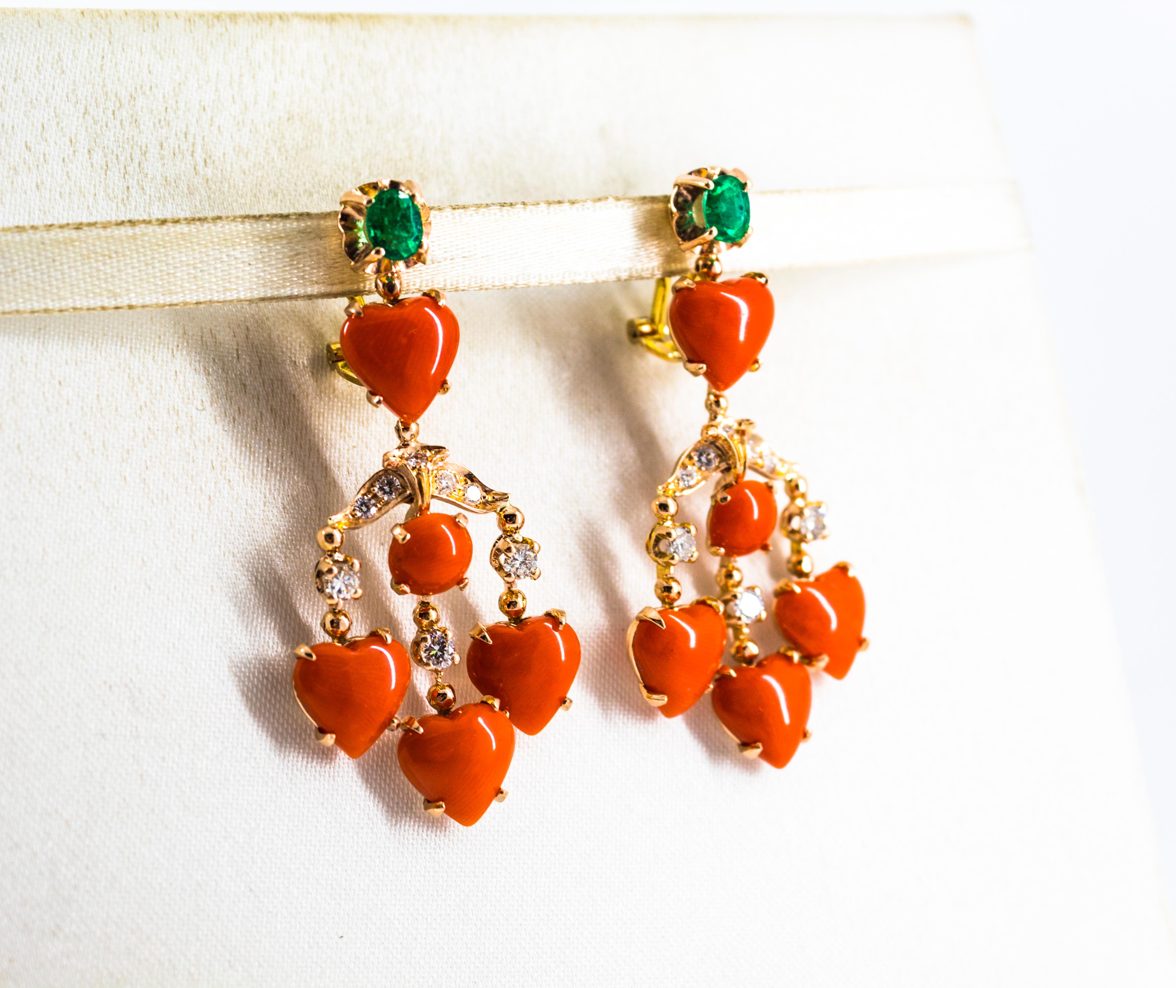 Art Deco Art Nouveau Mediterranean Red Coral White Diamond Emerald Yellow Gold Earrings For Sale