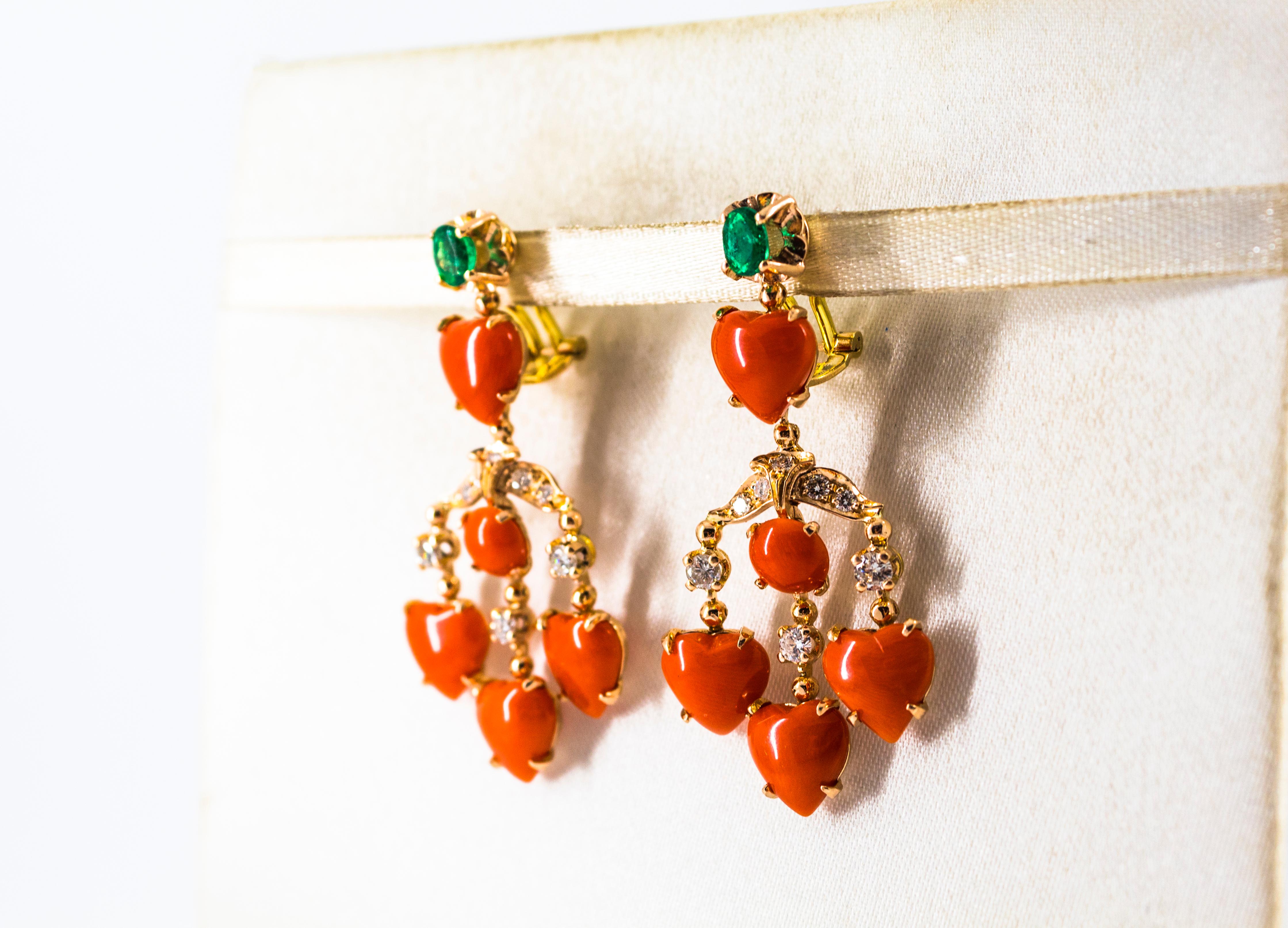 Brilliant Cut Art Nouveau Mediterranean Red Coral White Diamond Emerald Yellow Gold Earrings For Sale