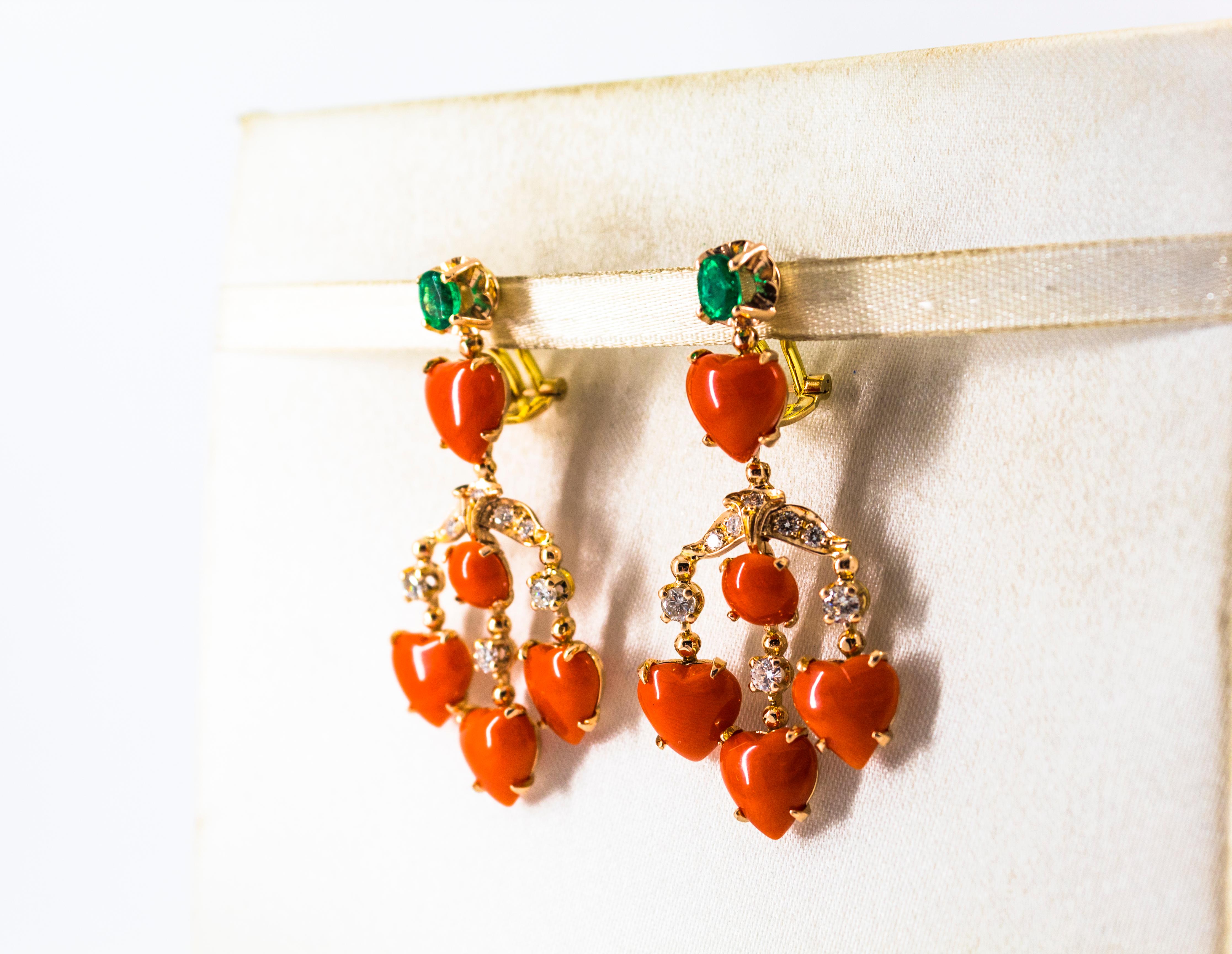 Art Nouveau Mediterranean Red Coral White Diamond Emerald Yellow Gold Earrings In New Condition For Sale In Naples, IT