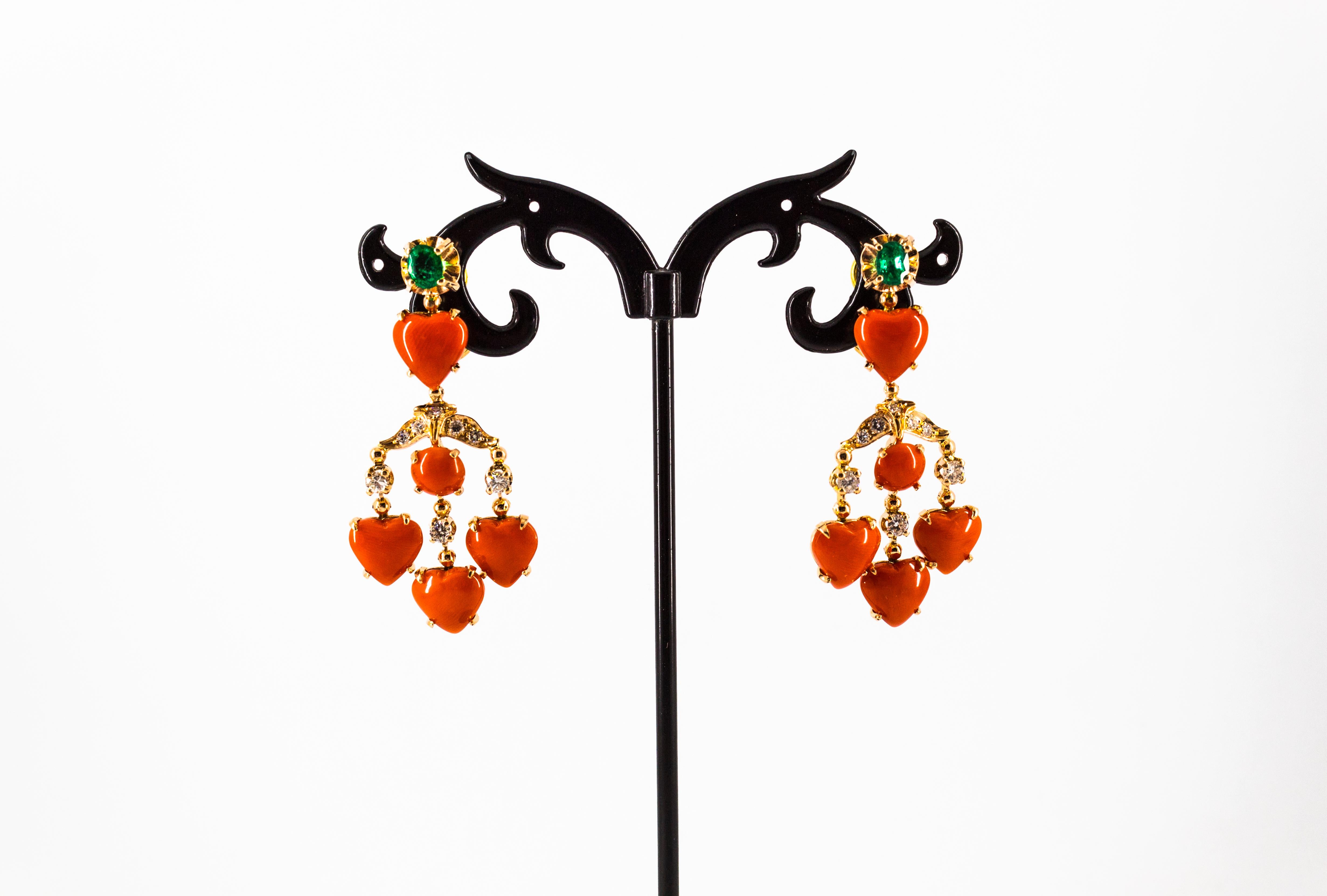 Women's or Men's Art Nouveau Mediterranean Red Coral White Diamond Emerald Yellow Gold Earrings For Sale