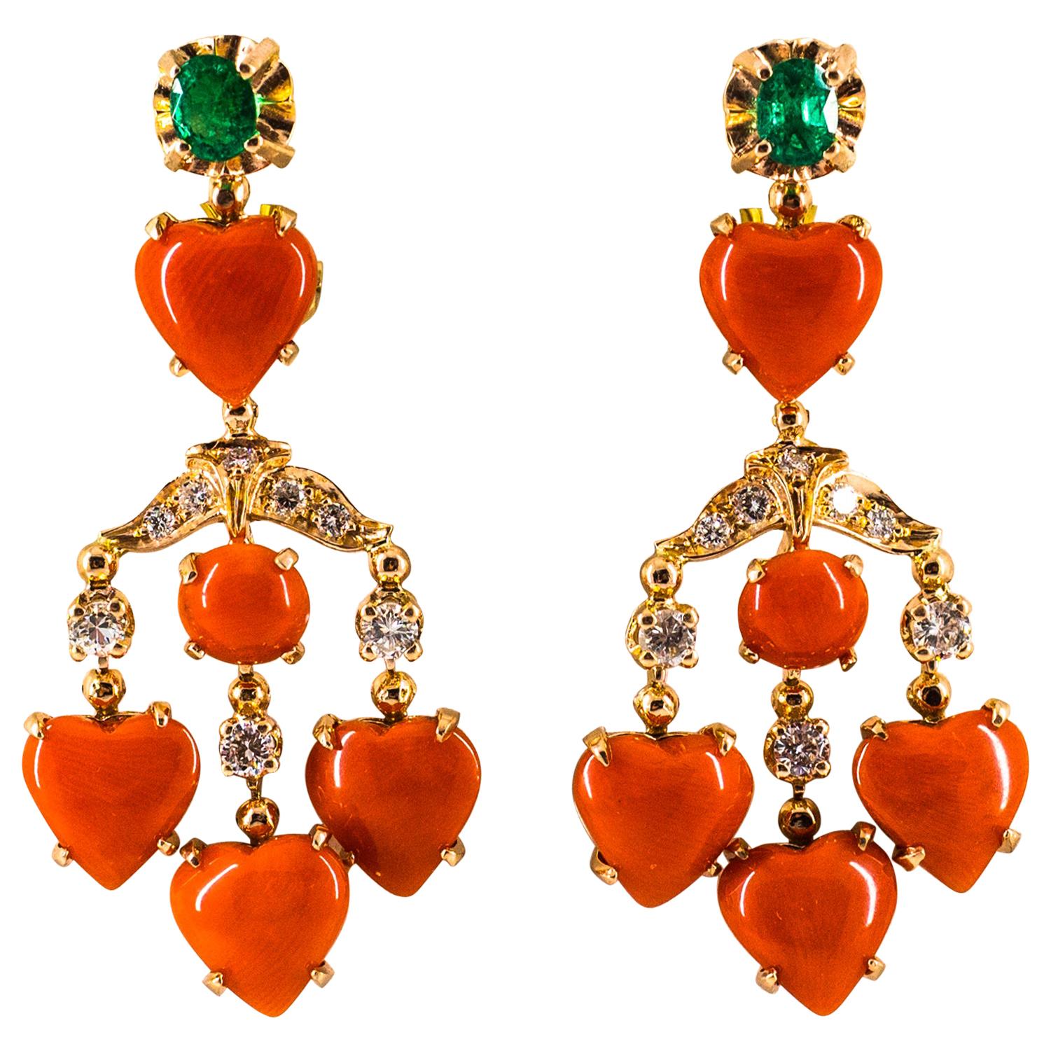 Art Nouveau Mediterranean Red Coral White Diamond Emerald Yellow Gold Earrings For Sale
