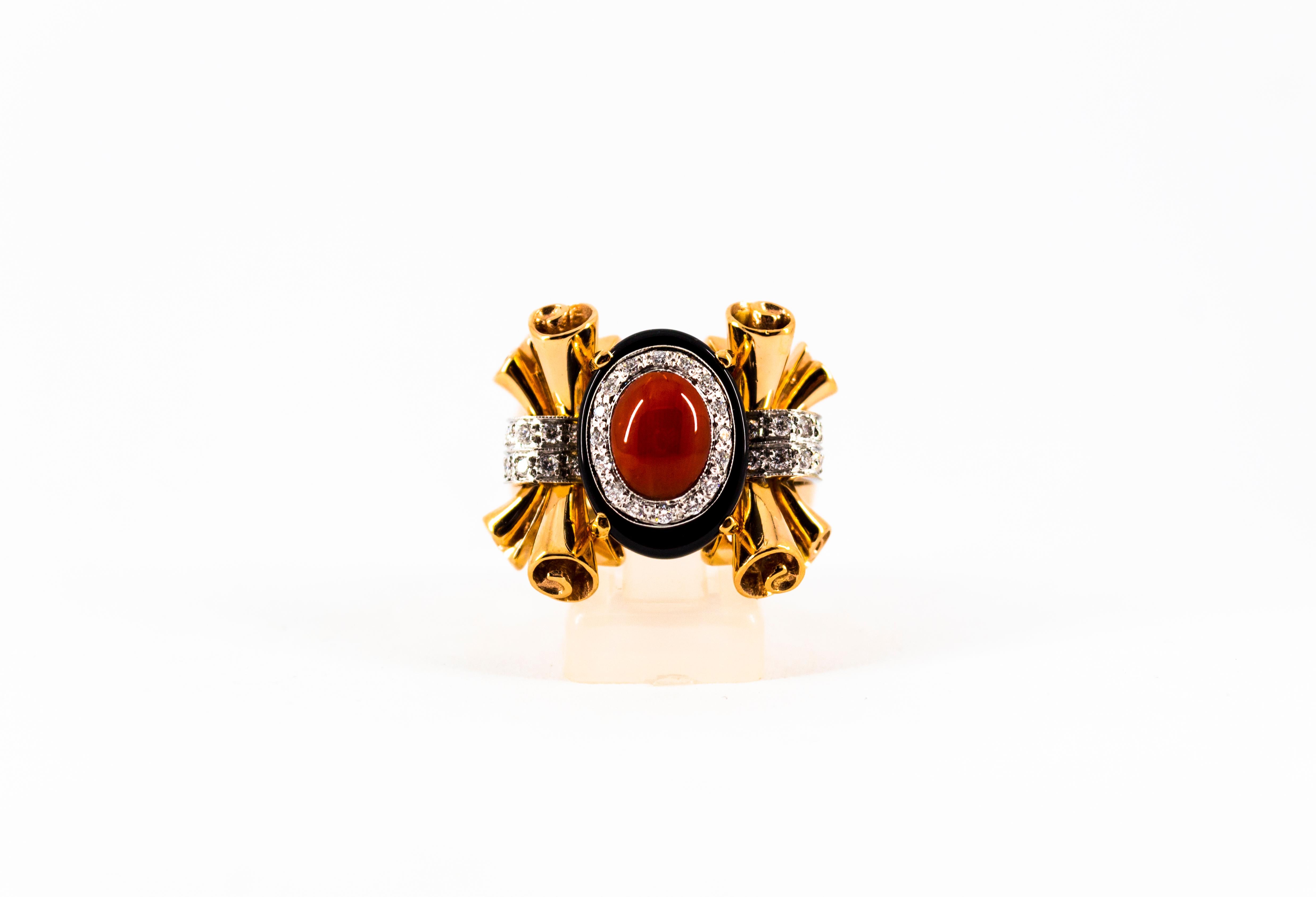 Art Nouveau Mediterranean Red Coral White Diamond Onyx Yellow Gold Cocktail Ring For Sale 5