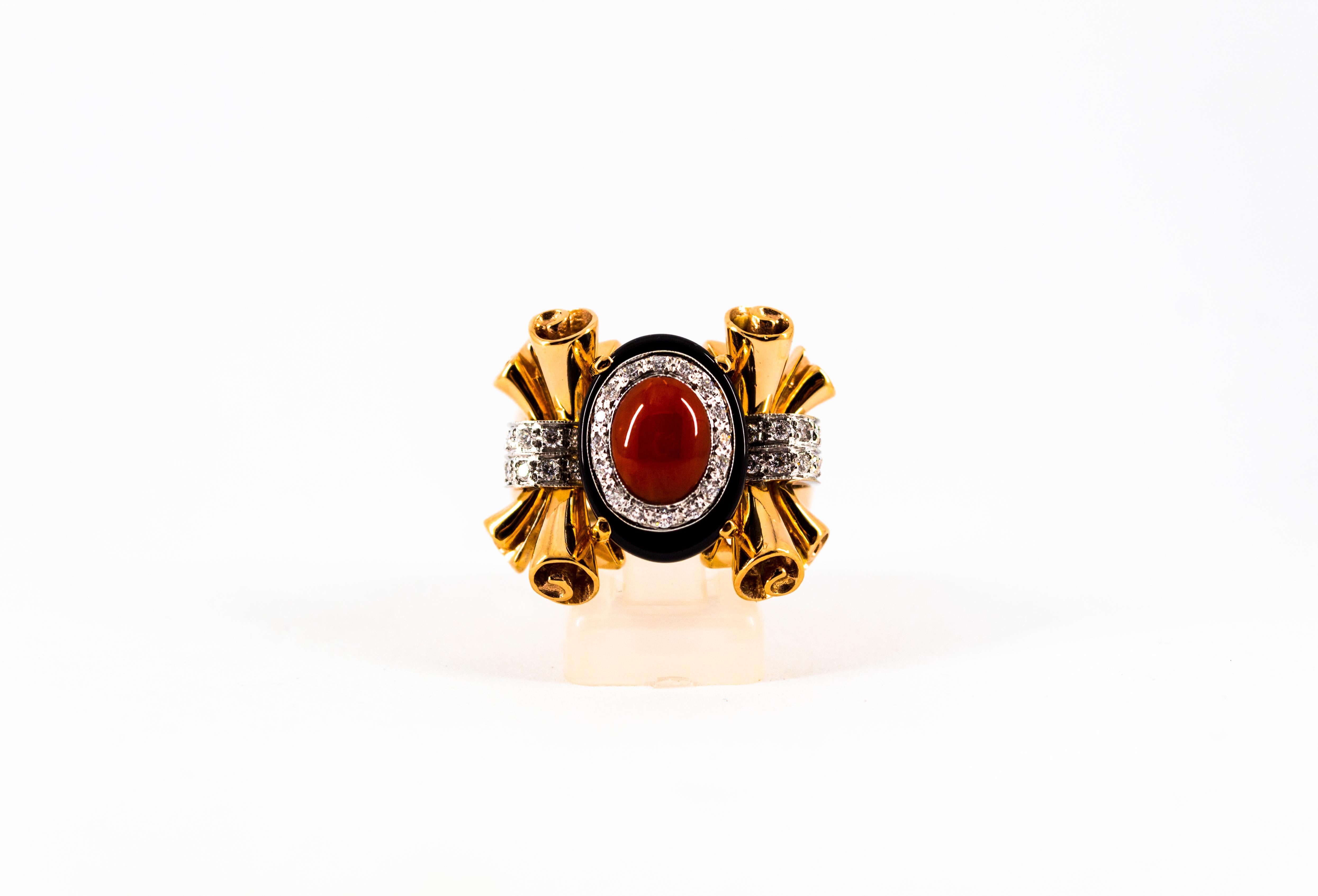 Art Nouveau Mediterranean Red Coral White Diamond Onyx Yellow Gold Cocktail Ring For Sale 6
