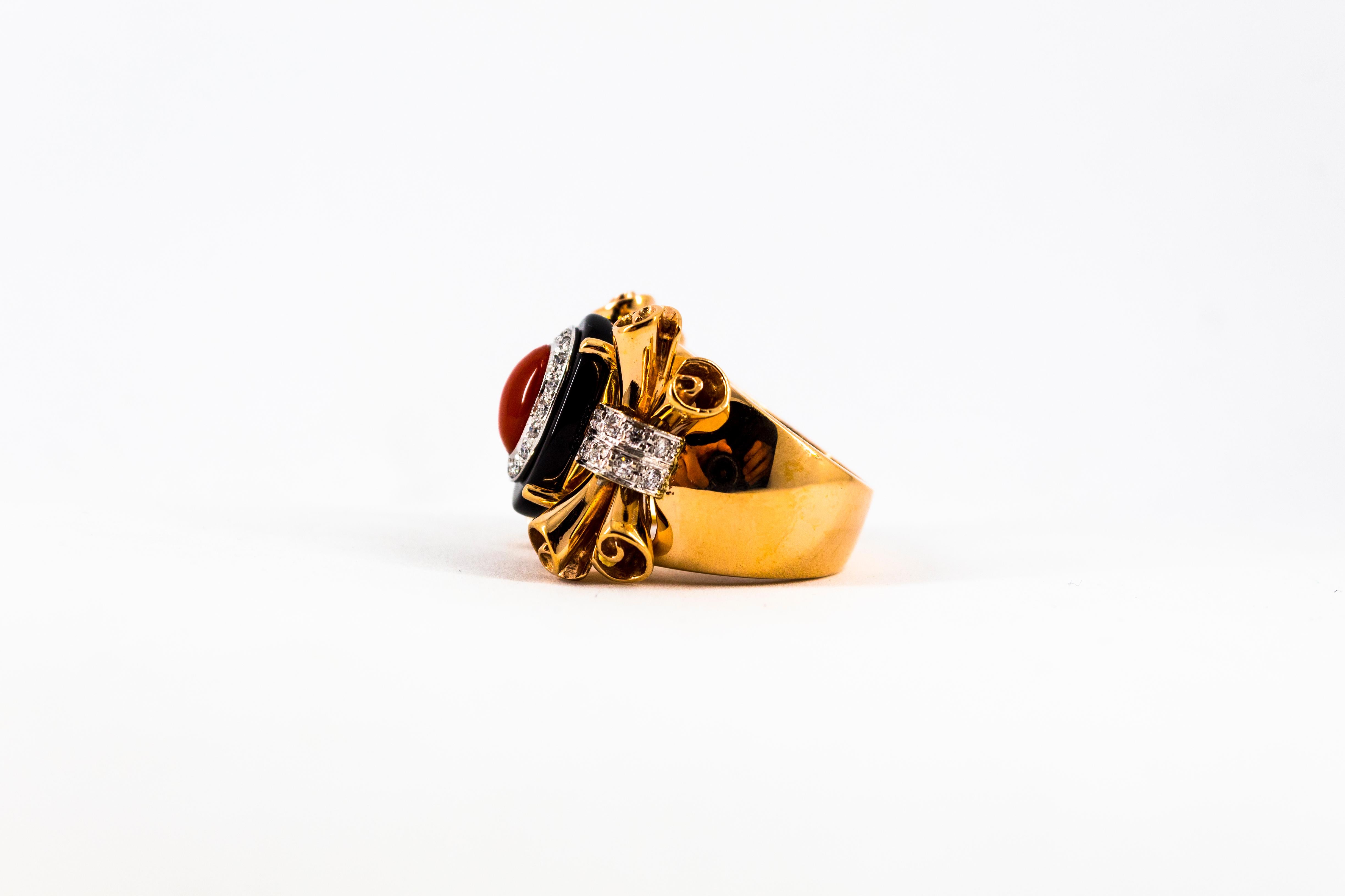 Art Nouveau Mediterranean Red Coral White Diamond Onyx Yellow Gold Cocktail Ring For Sale 8