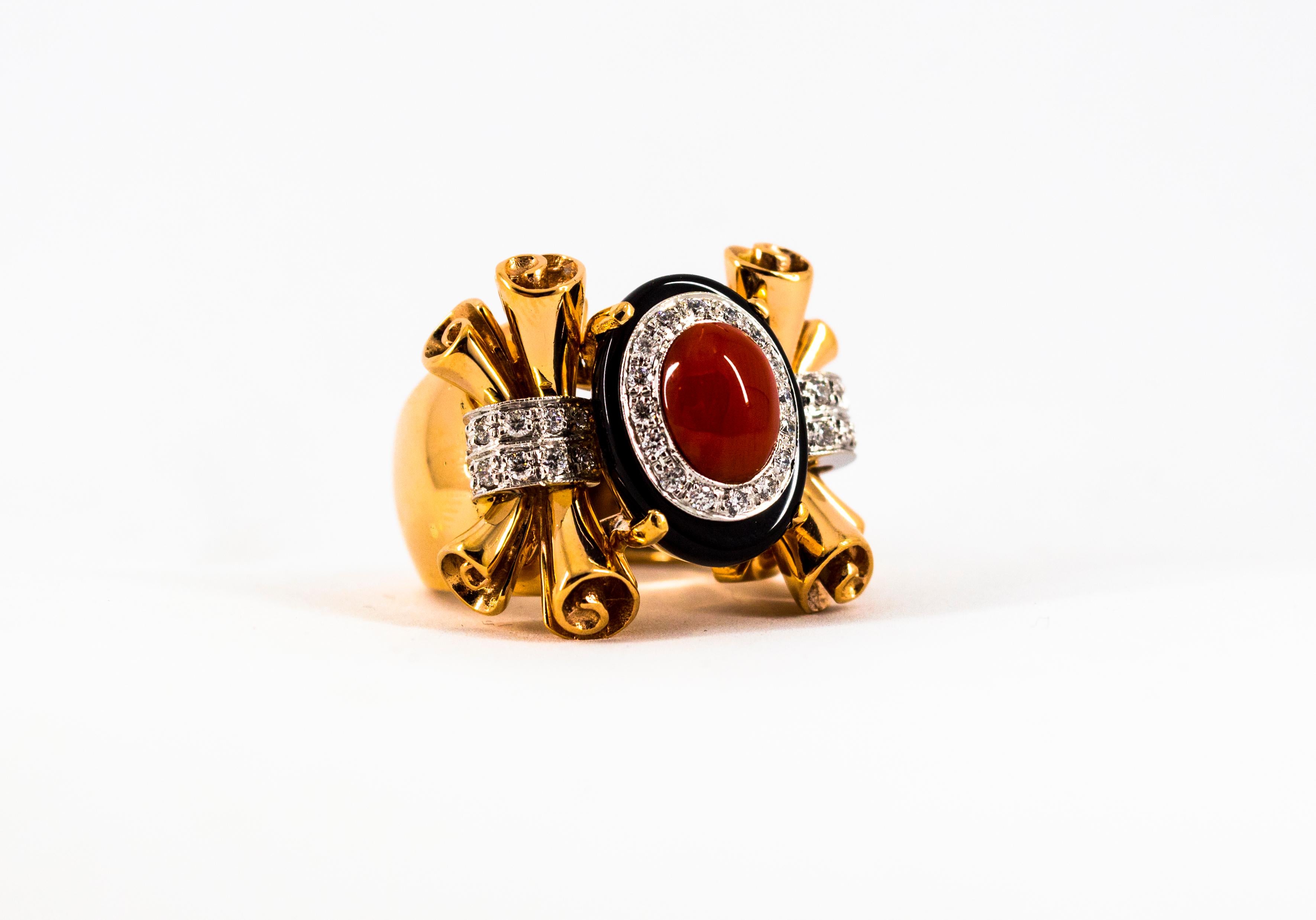 Art Nouveau Mediterranean Red Coral White Diamond Onyx Yellow Gold Cocktail Ring For Sale 11