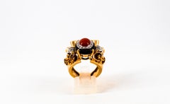 Art Nouveau Mediterranean Red Coral White Diamond Onyx Yellow Gold Cocktail Ring